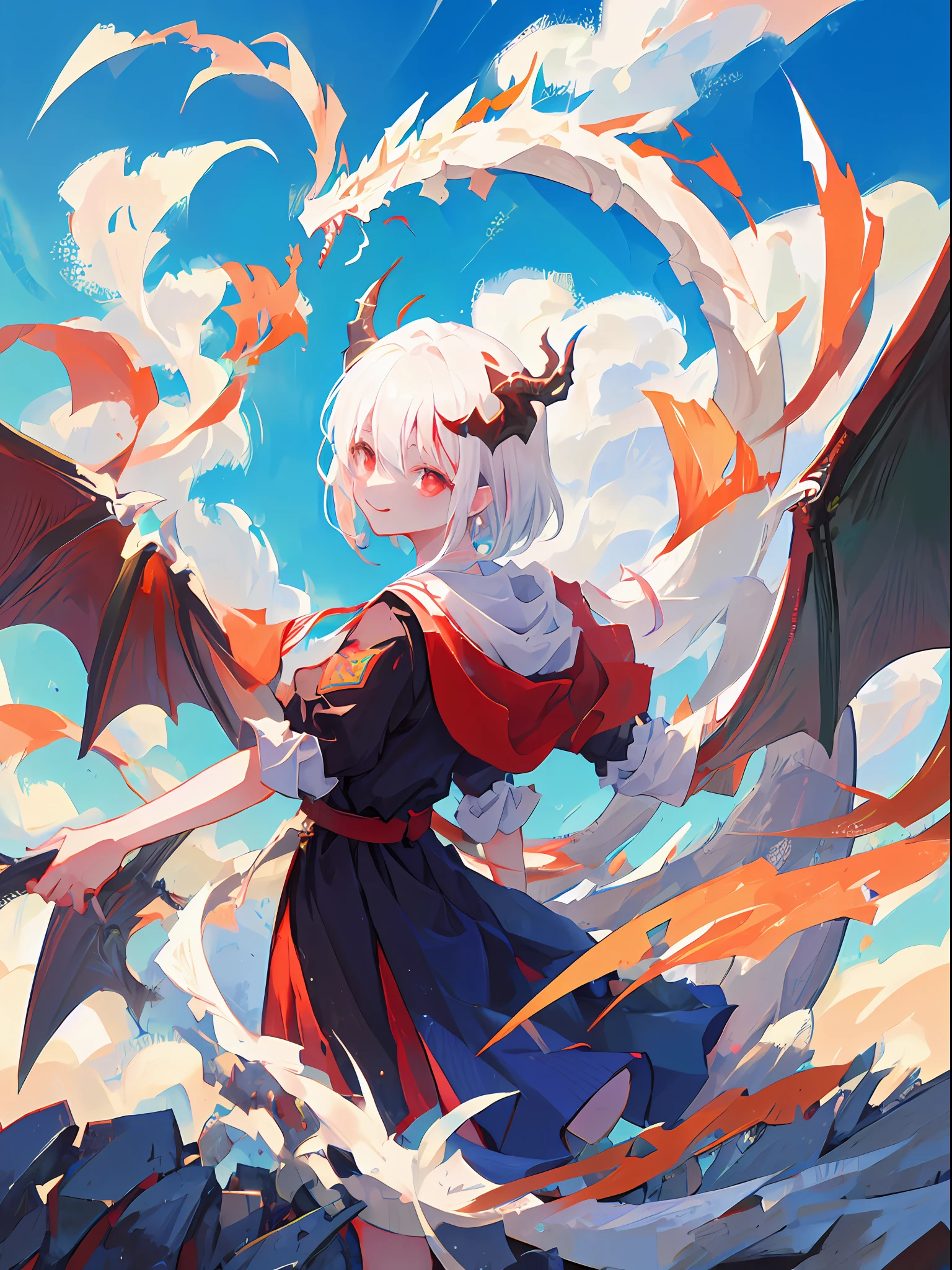 1girl、Dragon、Red eyes、Sharp eye light、Student uniform、Sorrisos、White hair、Dragon Wings、Dragon's horn、Dragon's tail, sky, blue sky, flying