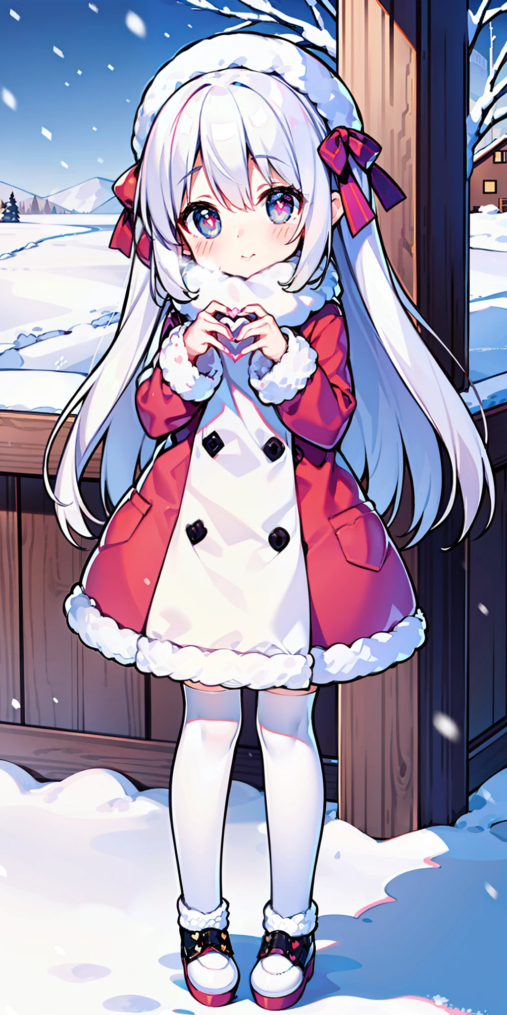 Loli, long hair, cute, heart-shaped pupils, solo, white hair, blush, winter, snow, outdoors, white stockings, standing