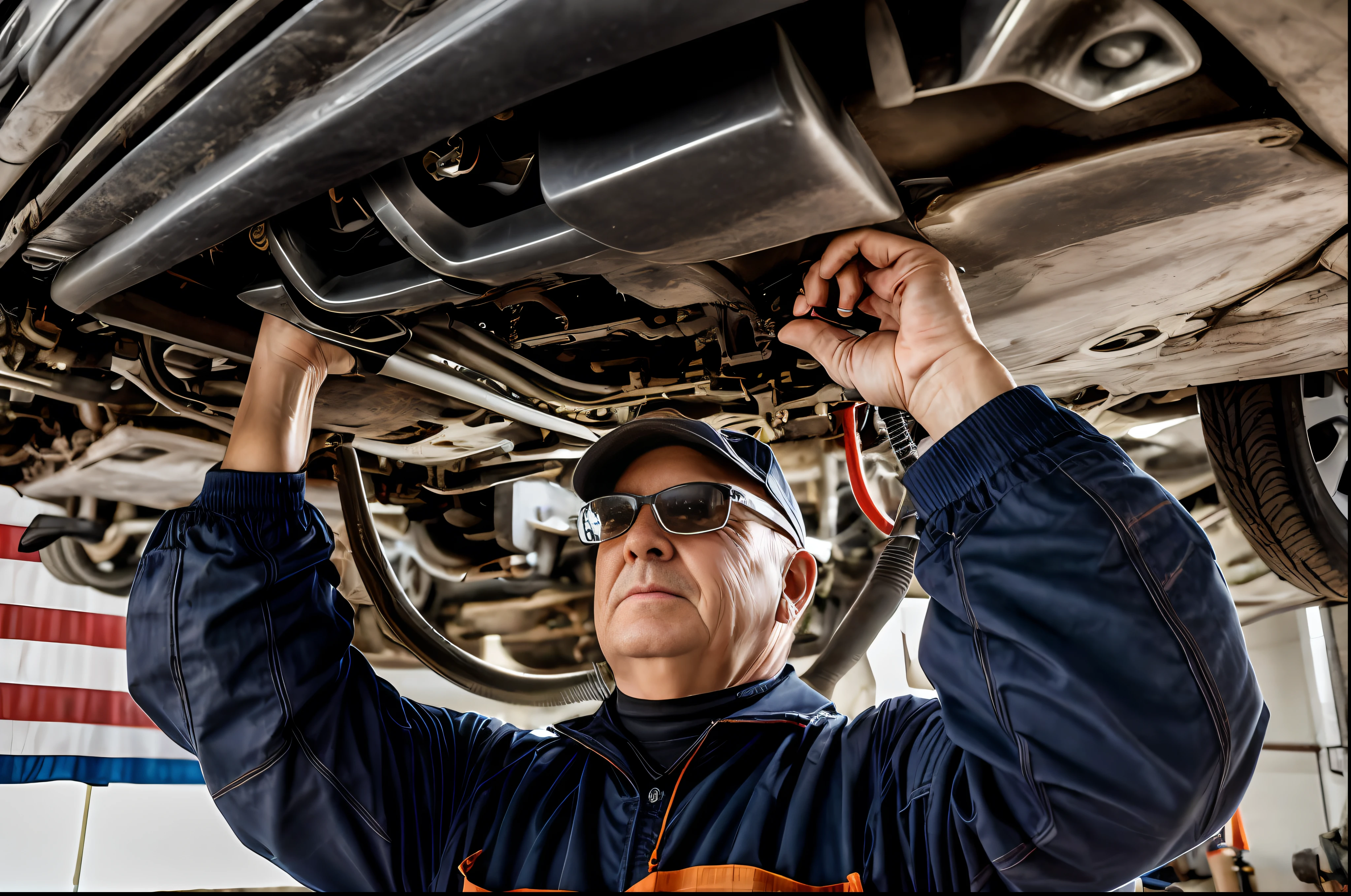 American uncle works on the car under the vehicle, mechanic, maintenance photo, old charismatic mechanic, Professional work, Underbody, stock photo, 136412351, 2806927615, marketing photo, mechanics, shutterstock, automotive, 2708519935，Maintenance, old charismatic mechanic, 4l, environmental shot, description,Maintenance, old charismatic mechanic, 4l, environmental shot, description,