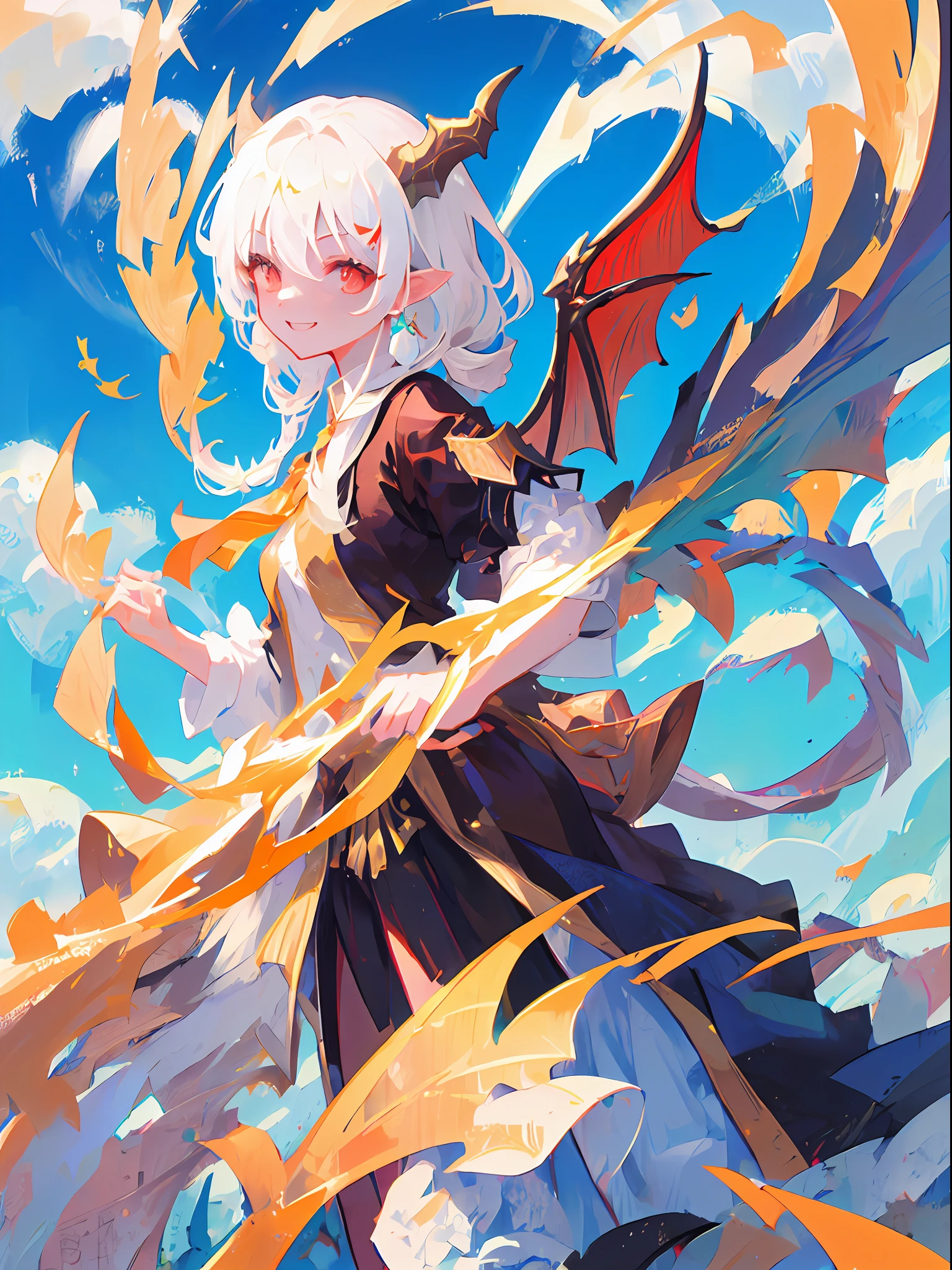 1girl、Dragon、Red eyes、Sharp eye light、Student uniform、Sorrisos、White hair、Dragon Wings、Dragon's horn、Dragon's tail, sky, blue sky, flying
