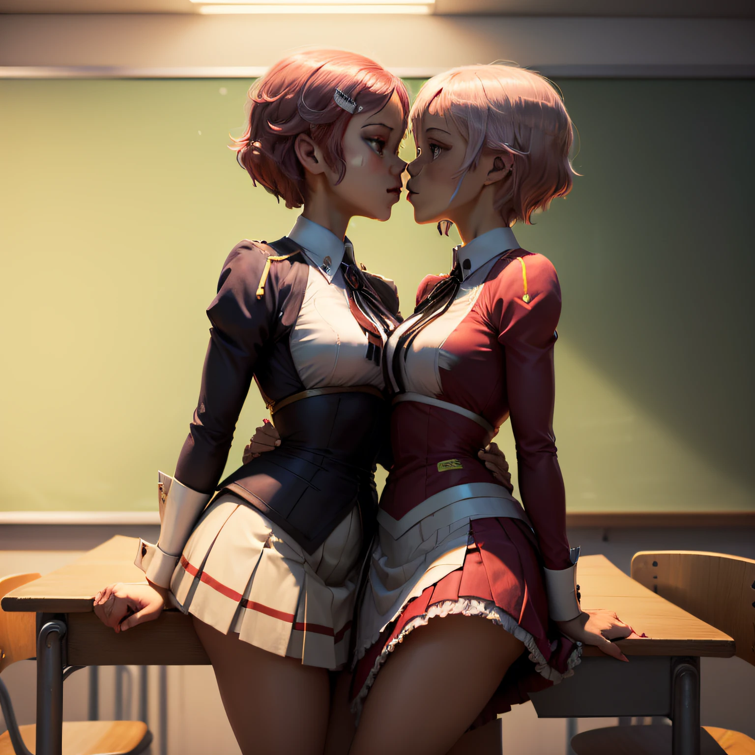 ((mejor calidad, 8k, obra maestra: 1.3)), 2girl, couple, Eliza and Lisbeth class room, Eliza, Lisbeth, classroom, teacher and studient, Teacher, Studient, Luz de la tarde, afecto, lesbiana, pareja lesbianaa, ((LoRA Eliza, black suit, dark skin, 1girl, Teacher)), ((LoRA lisbeth, 1girl, School Uniform, skirt, studient)), kiss, erotic scene, on a desk, dramatic light