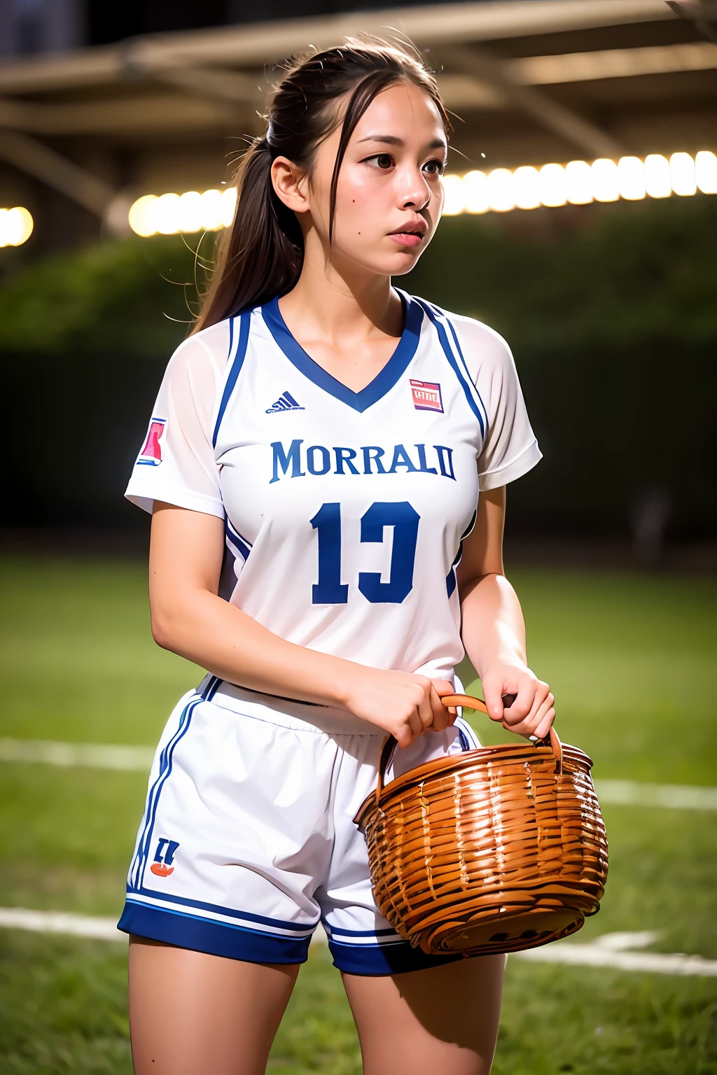 a woman playing basket, (wearing basket_uniform:1.3), 
good hand,4k, high-res, masterpiece, best quality, head:1.3,((Hasselblad photography)), finely detailed skin, sharp focus, (cinematic lighting), night, soft lighting, dynamic angle, [:(detailed face:1.2):0.2],(((inside_basket_field))),