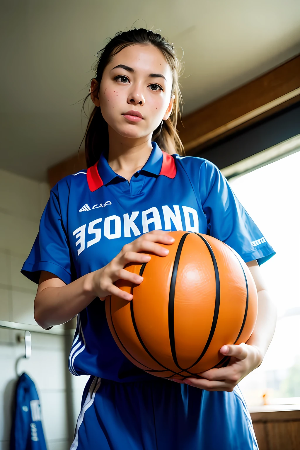 a woman playing basket, (wearing basket_uniform:1.3), 
good hand,4k, high-res, masterpiece, best quality, head:1.3,((Hasselblad photography)), finely detailed skin, sharp focus, (cinematic lighting), night, soft lighting, dynamic angle, [:(detailed face:1.2):0.2],(((inside_basket_field))),