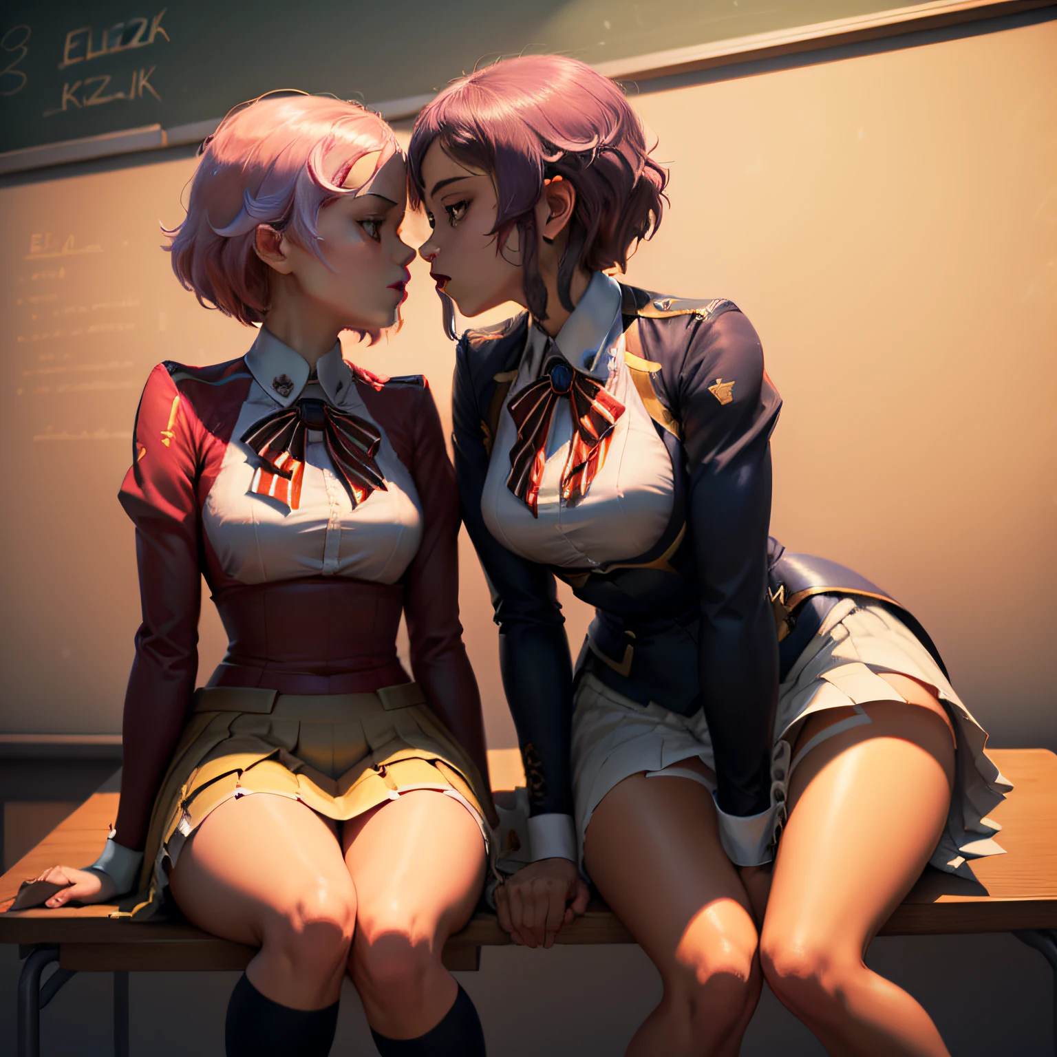 ((Mejor calidad, 8K, obra maestra: 1.3)), 2girl, couple, Eliza and lisbeth in a classroom, evening light, affection, lesbian, lesbian couple, ((LoRA eliza, black suit, woman, teacher)), ((LoRA lisbeth, school uniform, skirt, student)), kiss, erotic scene