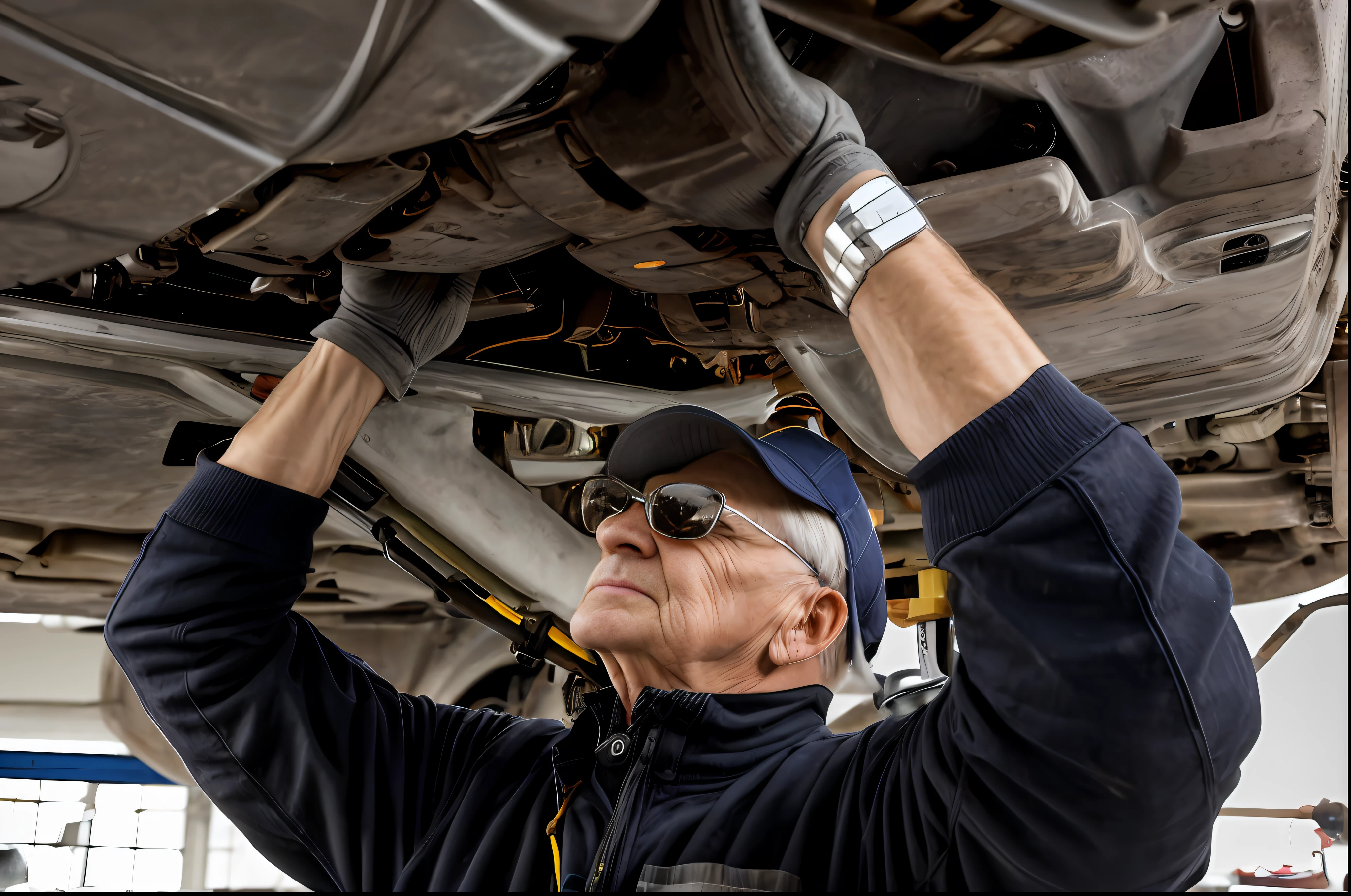 American grandpa man working in a car under a vehicle, mechanic, maintenance photo, old charismatic mechanic, Professional work, Underbody, stock photo, 136412351, 2806927615, marketing photo, mechanics, shutterstock, automotive, 2708519935,Maintenance, old charismatic mechanic, 4l, environmental shot, description,