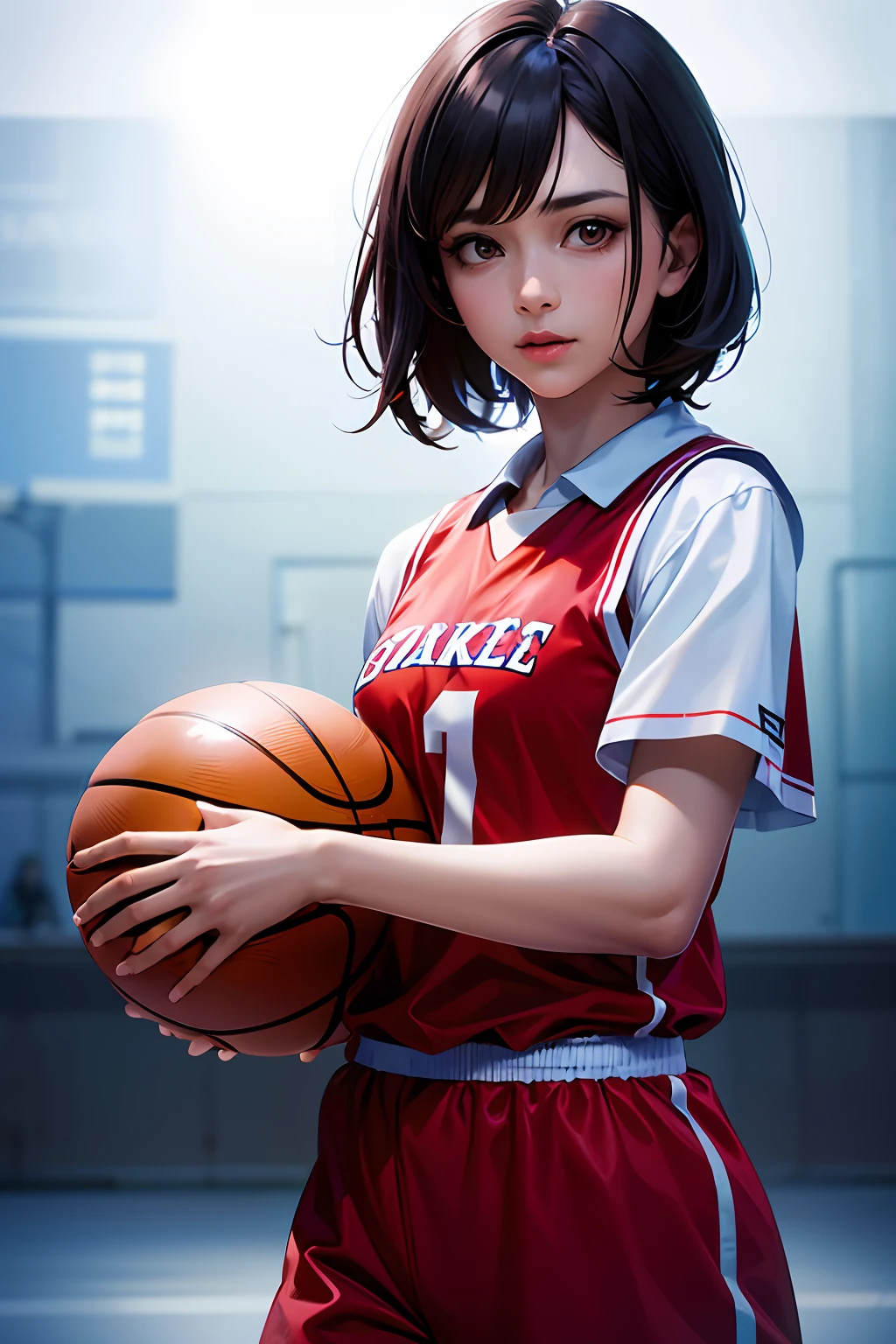 a woman playing basketball, (wearing basket_uniform:1.3), red uniform,
good hand,4k, high-res, masterpiece, best quality, head:1.3,((Hasselblad photography)), finely detailed skin, sharp focus, (cinematic lighting), night, soft lighting, dynamic angle, [:(detailed face:1.2):0.2],(((inside_basketball_field))),