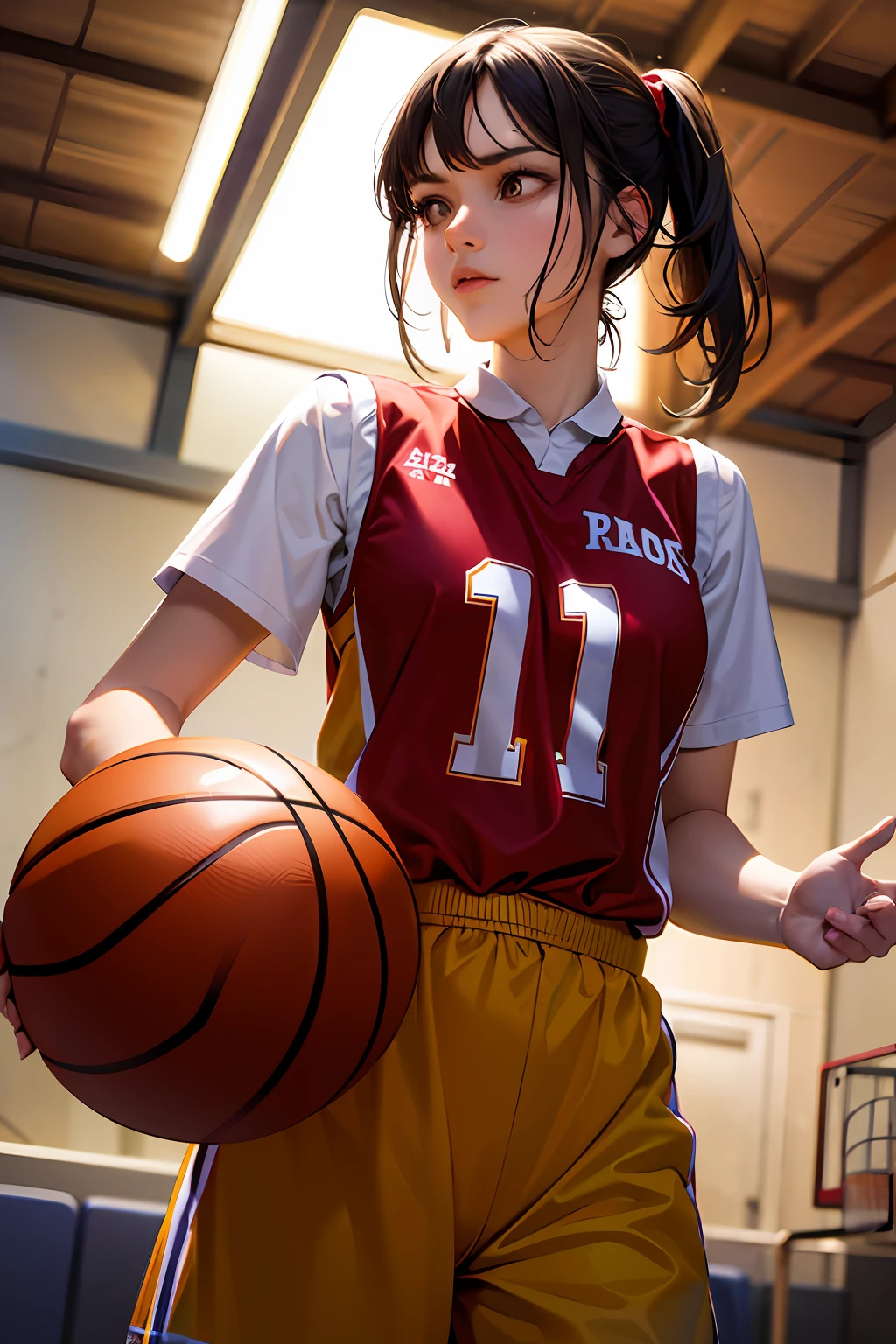 a woman playing basketball, (wearing basket_uniform:1.3), red uniform,
good hand,4k, high-res, masterpiece, best quality, head:1.3,((Hasselblad photography)), finely detailed skin, sharp focus, (cinematic lighting), night, soft lighting, dynamic angle, [:(detailed face:1.2):0.2],(((inside_basketball_field))),