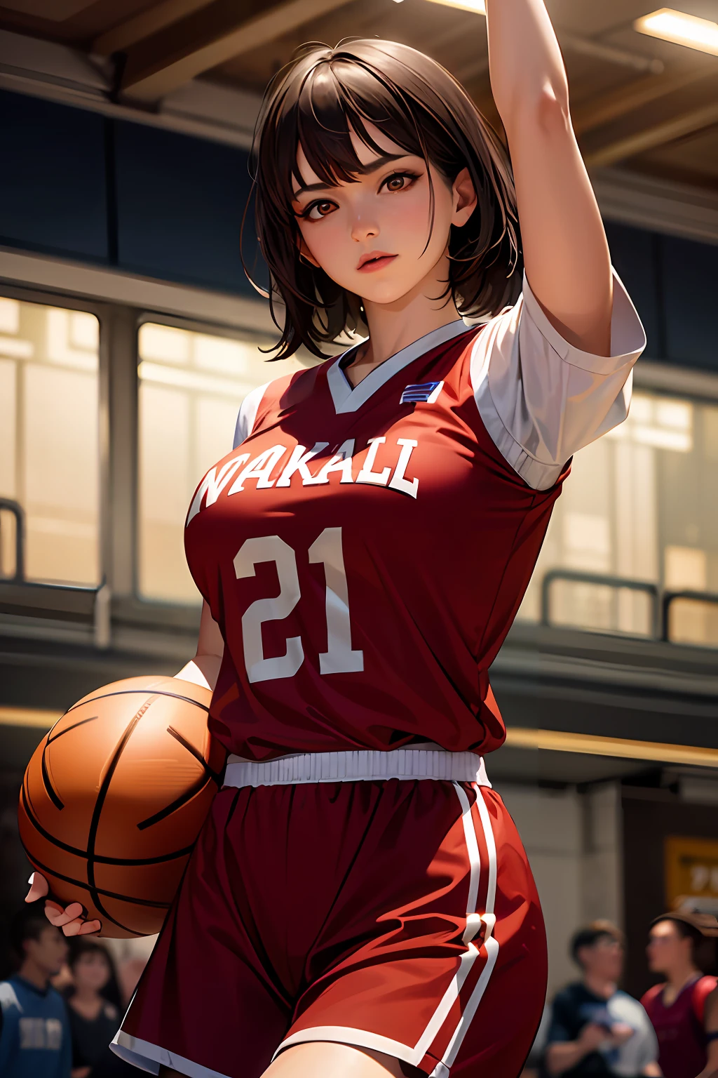 a woman playing basketball, (wearing basket_uniform:1.3), red uniform,
good hand,4k, high-res, masterpiece, best quality, head:1.3,((Hasselblad photography)), finely detailed skin, sharp focus, (cinematic lighting), night, soft lighting, dynamic angle, [:(detailed face:1.2):0.2],(((inside_basketball_field))),