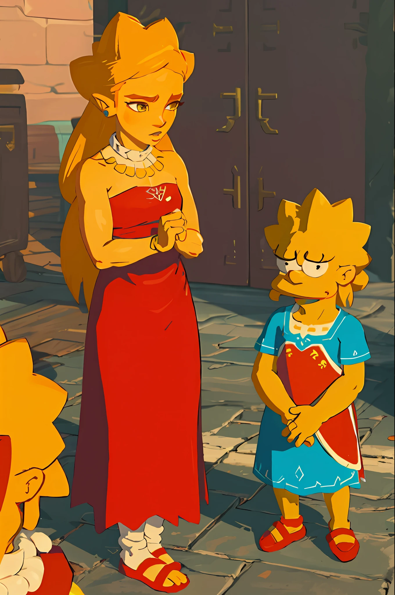 lisa simpson
red dress
black bead eyes
yellow skin 
botw style