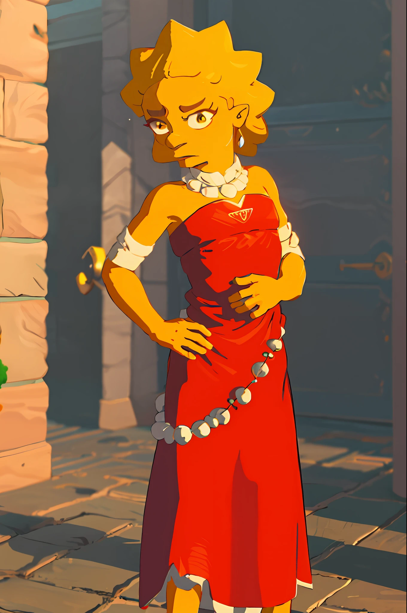 lisa simpson
red dress
black bead eyes
yellow skin
botw style