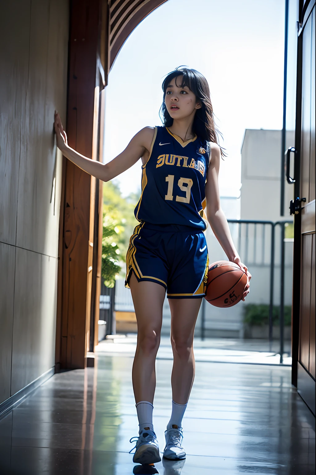 (8k, Best Quality, Masterpiece: 1.2), (Realistic, Realistic: 1.37), Ultra Detailed, Best Quality, Ultra High Resolution, Professional Lighting, Photon Mapping, Radiosity, Physically Based Rendering, Cinematic Lighting, Basketball court, depth of field, clear focus, sunlight, good composition, (bokeh: 1.2) 1girl, solo, (full body), (closed mouth), beautiful and detailed eyes, pose, narrow waist, basketball uniform, black hair , messy hair, long hair blowing in the wind, (ulzzang-6500:1.2) mix4, hiqcgbody