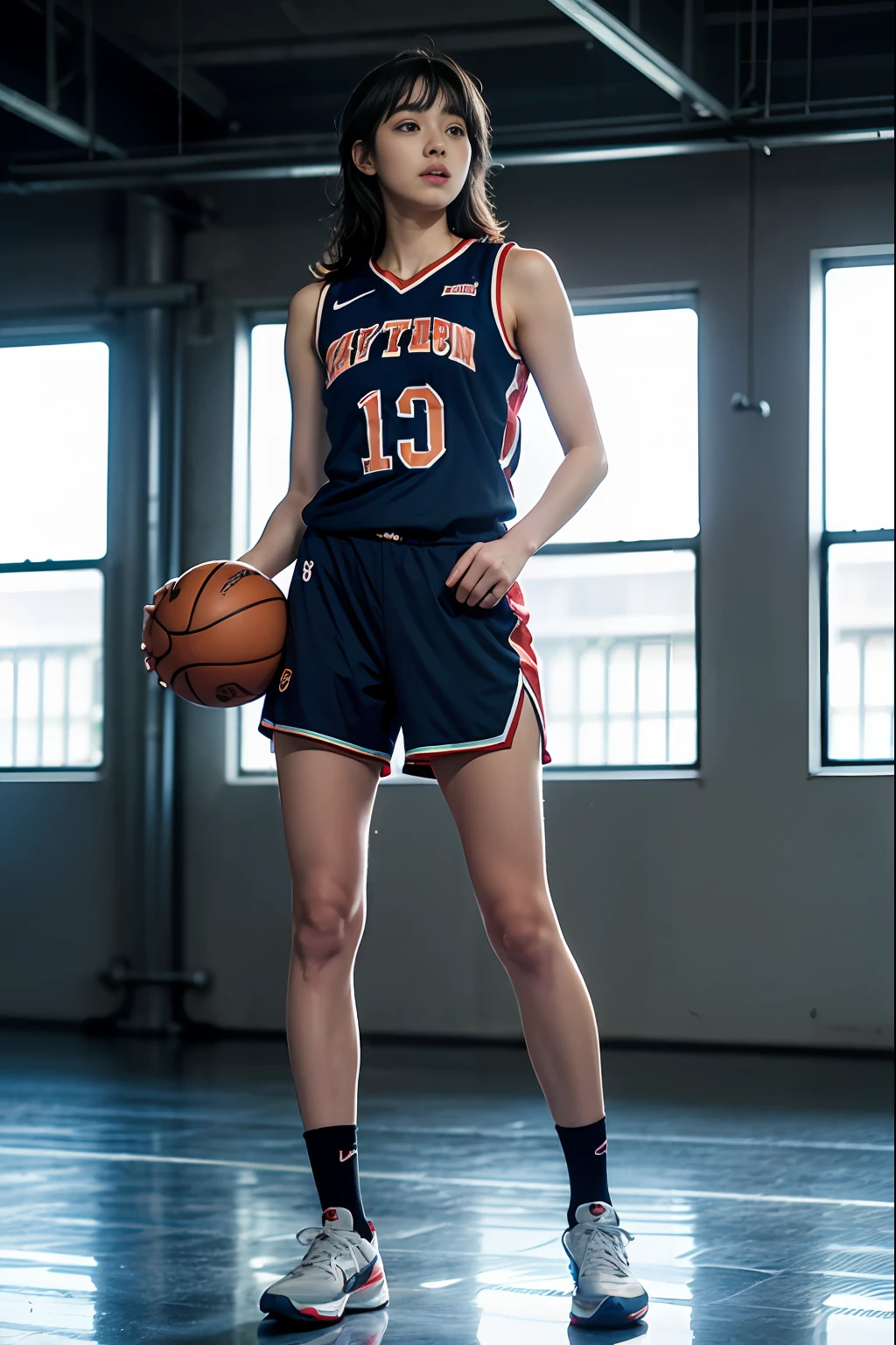 (8k, Best Quality, Masterpiece: 1.2), (Realistic, Realistic: 1.37), Ultra Detailed, Best Quality, Ultra High Resolution, Professional Lighting, Photon Mapping, Radiosity, Physically Based Rendering, Cinematic Lighting, Basketball court, depth of field, clear focus, sunlight, good composition, (bokeh: 1.2) 1girl, solo, (full body), (closed mouth), beautiful and detailed eyes, pose, narrow waist, basketball uniform, black hair , messy hair, long hair blowing in the wind, (ulzzang-6500:1.2) mix4, hiqcgbody