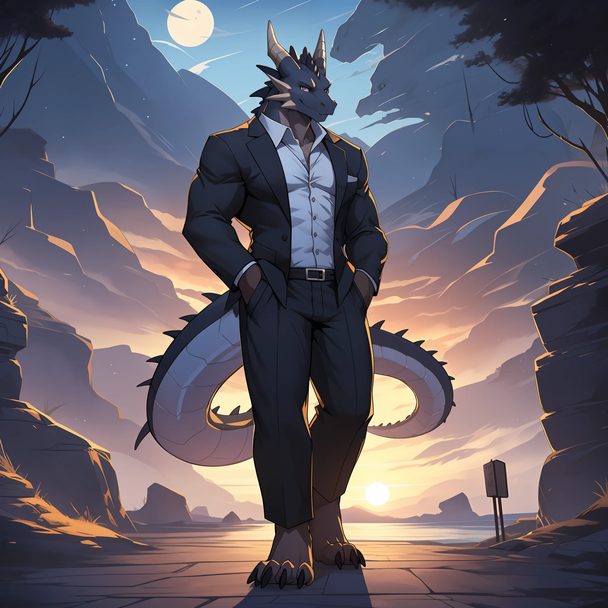 Uploaded on e621, (male anthro dragon), standup, muscled, Detailed scale texture, Business suit, (Shoulder blades, Leg nails), Black body,White belly，daybreak，shadows，Dim environment，（drakgem），（（rakisha）），（kontanagamori）），（the front view），Looks pleased，[background simple]，detailed,Masterpiece artwork，Caustics, edgelighting, Single light source, Sharp shadows, Single portrait, (digitgrade), toe claw,