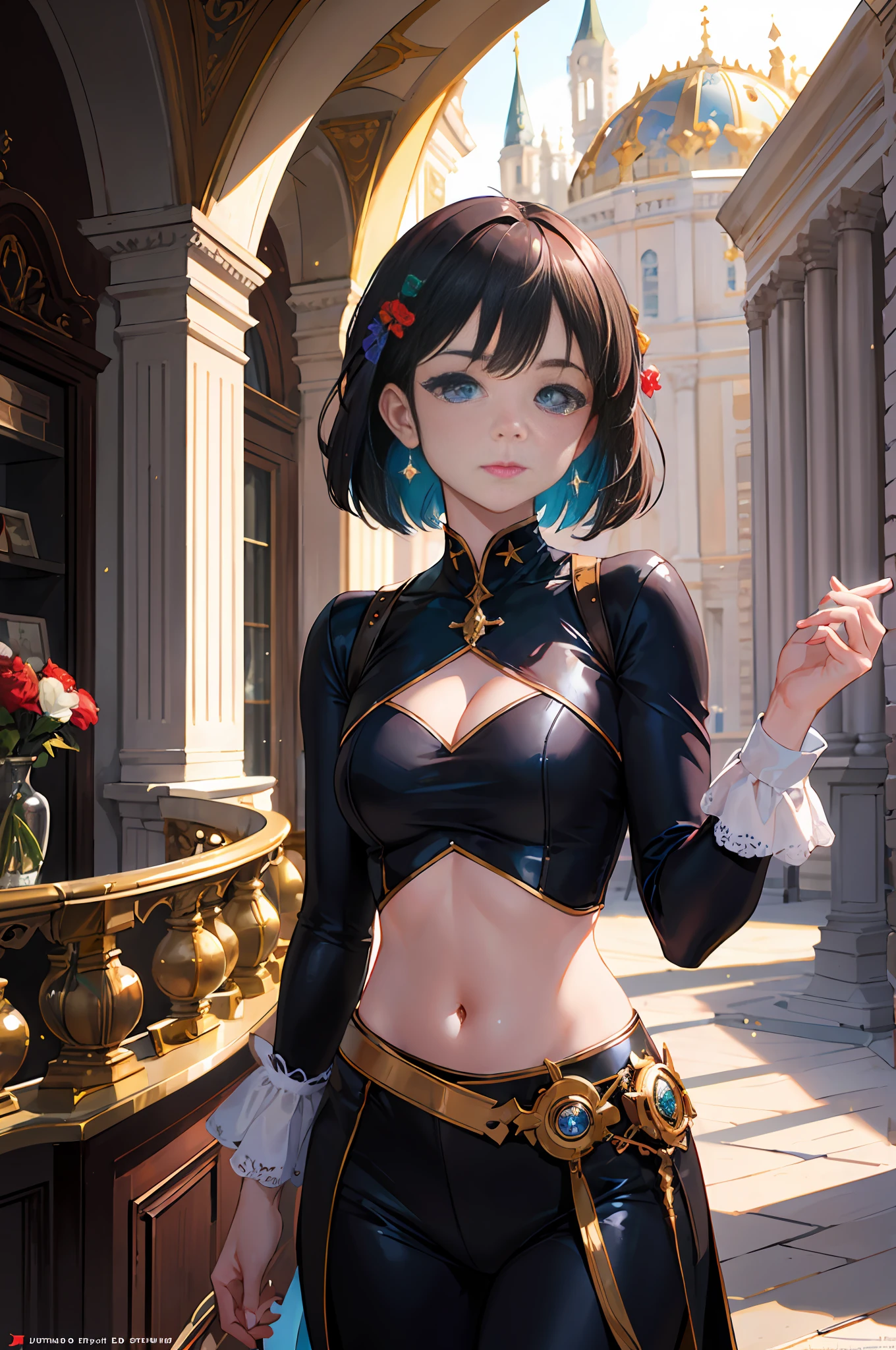 Model shooting style, (extremely detailed CG Unity 8k wallpaper), full-shot body photo of the most beautiful artwork in the world, stunning beautiful photo realistic available, super realistic super detailed photo, a beautiful girl as a female dancer, complex dress, banquet, [slight smile],(Chateau de Versailles, Pisa Baptistery Of St. John background, Flowers,navel,crowd),(princess eyes, shining pupils), detailed symmetrical beautiful hazel eyes, detailed gorgeous face, highly detailed, Vibrant, professional majestic oil painting by Ed Blinkey, Atey Ghailan, Studio Ghibli, Jeremy Mann, Greg Manchess, Antonio Moro, ArtStation Trends, CGSociety Trends, Complex, High Detail, Sharp Focus, Dramatic, Realistic Painting Art, by Midjourney and Greg Written by Rutkowski
