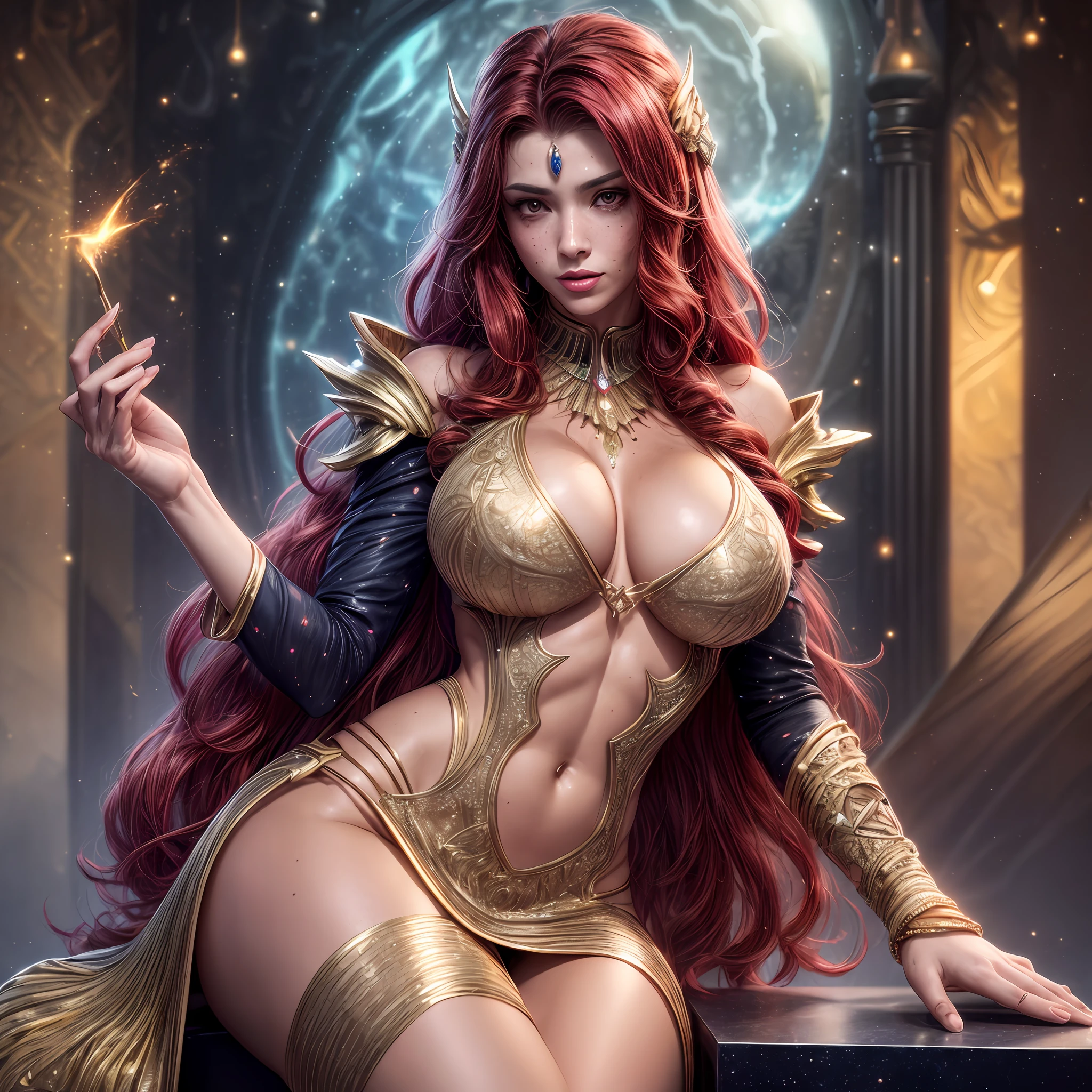 (RAW Photo), (Hyper Realistic, best quality),8k,(realistic, photo-realistic:1.3), Masterpiece,ultra high res, Stunning, ((35 years old Brazilian Milf Woman:1.3), (Suntan-Skin:1.3), (Athletic_Body-ABS:1.3), (fleshy luscious lips:1.3), (Sitting on a Intricate Futuristic Throne on Space Galaxy:1.3)), ((Gorgeous Long Curly Hair:1.3), (red Hair:1.3)), (Sexy Egyptian Jewels Cut Dress with Intricate Galaxy Bioluminescent Effects Long Sleeves:1.3), (high detailed skin:1.3), (Cleft_Chin:1.3), (Pubic Hair:1.3), Huge Breasts, Cleavage, (Perfect Face:1.3), (beautiful detailed eyes:1.3), naughty face, looking at viewer, Sexy, full-body,natural lighting, (Film grain, Fujifilm XT3, 8k uhd, dslr, Lens), hollywood lips, wide jaw line, wide lips, narrow beautiful nose, Cinematic, (maximalist photo 8k resolution, intricately detailed, complex, elegant, expansive, fantastica), Hyper-detailed, insane details, Beautifully color graded, Unreal Engine, DOF, Super-Resolution, Megapixel, Cinematic Lightning, Anti-Aliasing, FKAA, TXAA, RTX, SSAO, Post Processing, Post Production, Tone Mapping, CGI, VFX, SFX, Insanely detailed and intricate, Hyper maximalist, Hyper realistic, Volumetric, ultra photoreal, ultra-detailed, intricate details, Super detailed, Full color, Volumetric lightning, HDR, Realistic, Unreal Engine, 16K, Sharp focus, octane render, neck chains, castle, detailed background, art by artgerm and greg rutkowski, cinematic lighting, a closeup portrait of a playful woman, 20 yo, long wet hair, natural, amazing body, pronounced feminine feature, speaking, laughing, festival, [ginger | pink hair], freckles, flirting with camera, side boob, cameltoe (transparent material), ((camel toe)), (red hair, gold, freckles, huge breasts, nearly naked, underboob),