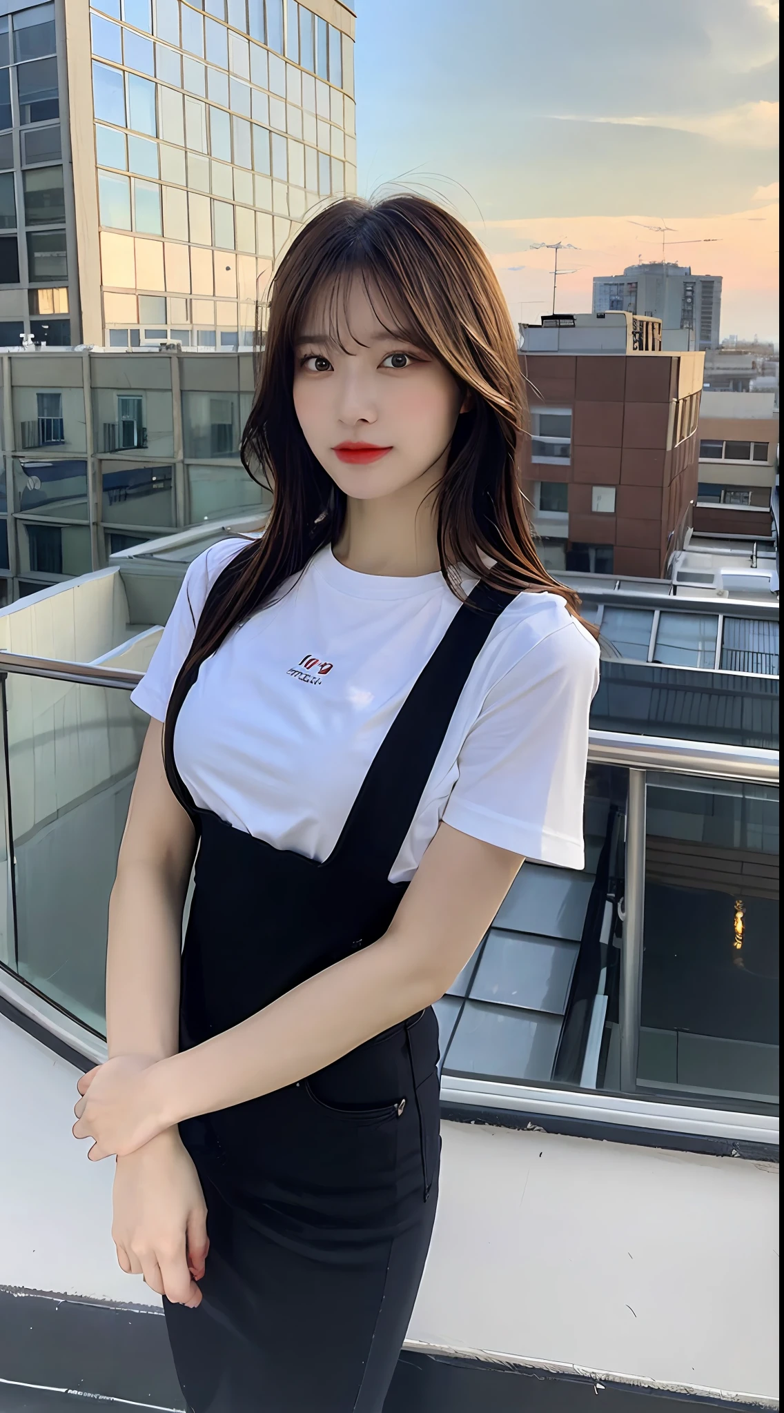 ((Midnight, Best quality, 8k, Masterpiece :1.3)), Whole body, Long legs, Sharp focus :1.2, A pretty woman with perfect figure :1.4, Slender abs :1.1, ((Dark brown hair, Big breasts :1.2)), (White tight tshirt, Jean bib, Standing:1.2), ((Night city view, Rooftop:1.3)), Highly detailed face and skin texture, Detailed eyes, Double eyelid