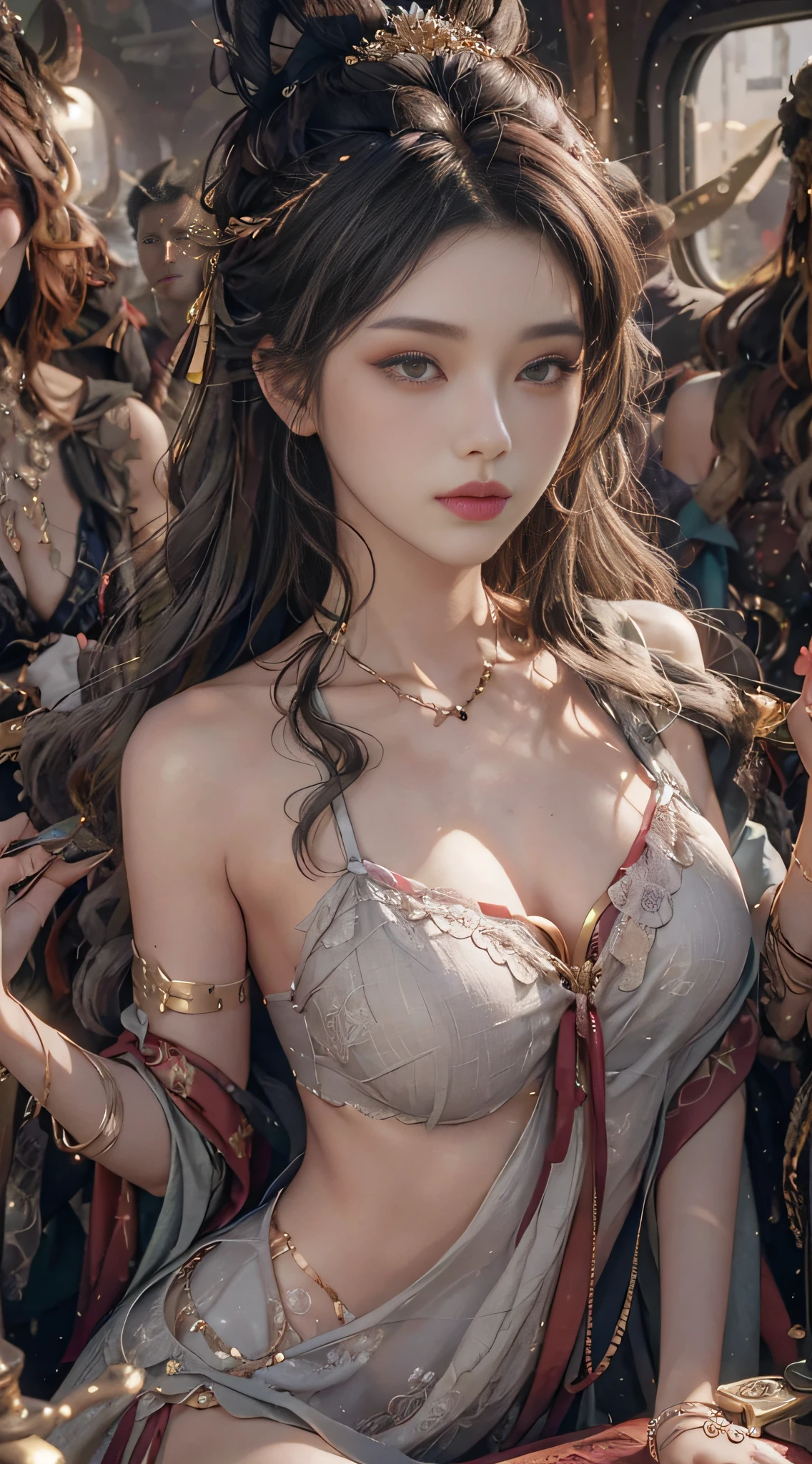 (from the outside) (shiny skin), many colors, best quality, masterpiece, realistic photos, intricate details, original photos, inside the plane, erotic lingerie, gray hair, extra-long hair, bare shoulders, in makeup, mid-chest,