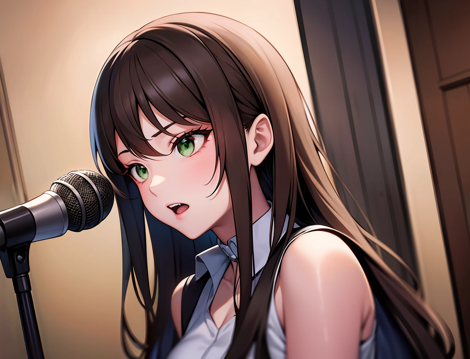 detailed backgorund,アニメ,Beautiful girl with long brown hair and green eyes doing voice training in microphone room,Serious Expression,Emo,dynamism