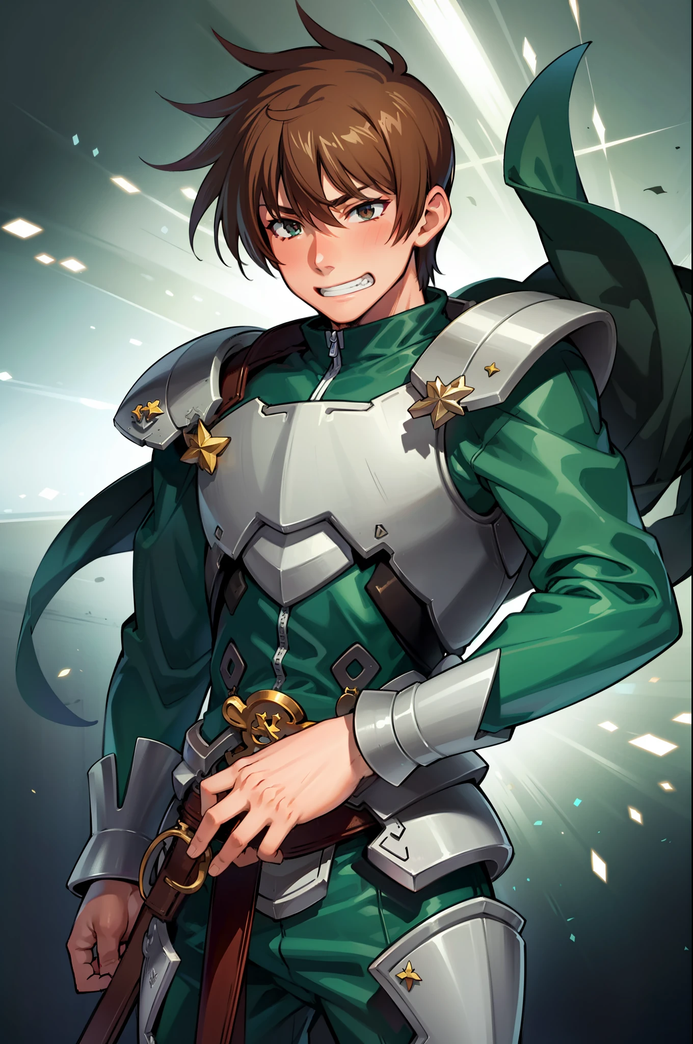 (hyper extreme detailed),(masterpeace),(hyper extreme),(photorealistic),CG,(colour:1.2), beautiful lighting,light from the front,1boy,solo, rance,blown hair,short hair,green armar,