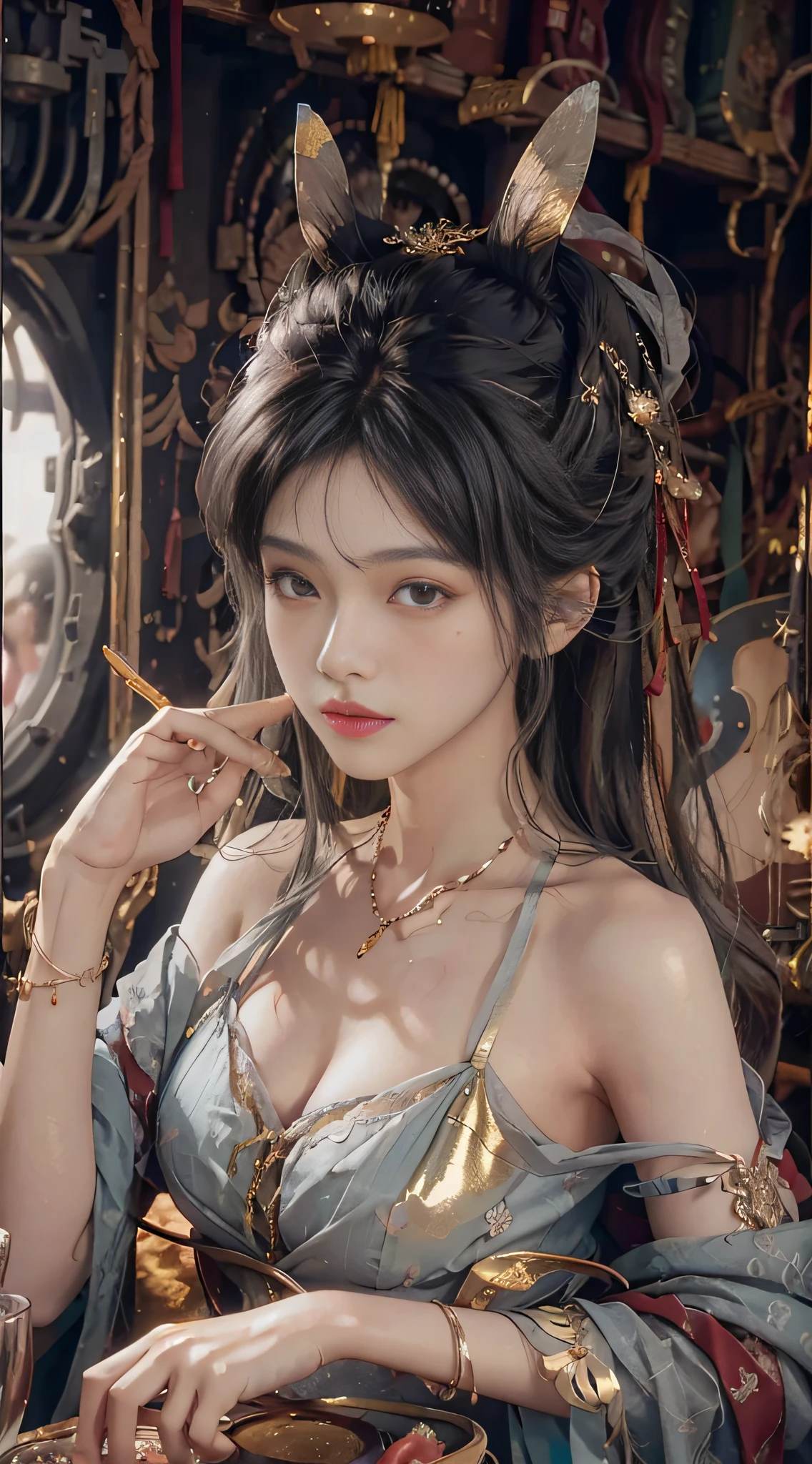 (from the outside) (shiny skin), many colors, best quality, masterpiece, realistic photos, intricate details, original photos, inside the plane, erotic lingerie, gray hair, extra-long hair, bare shoulders, in makeup, mid-chest,