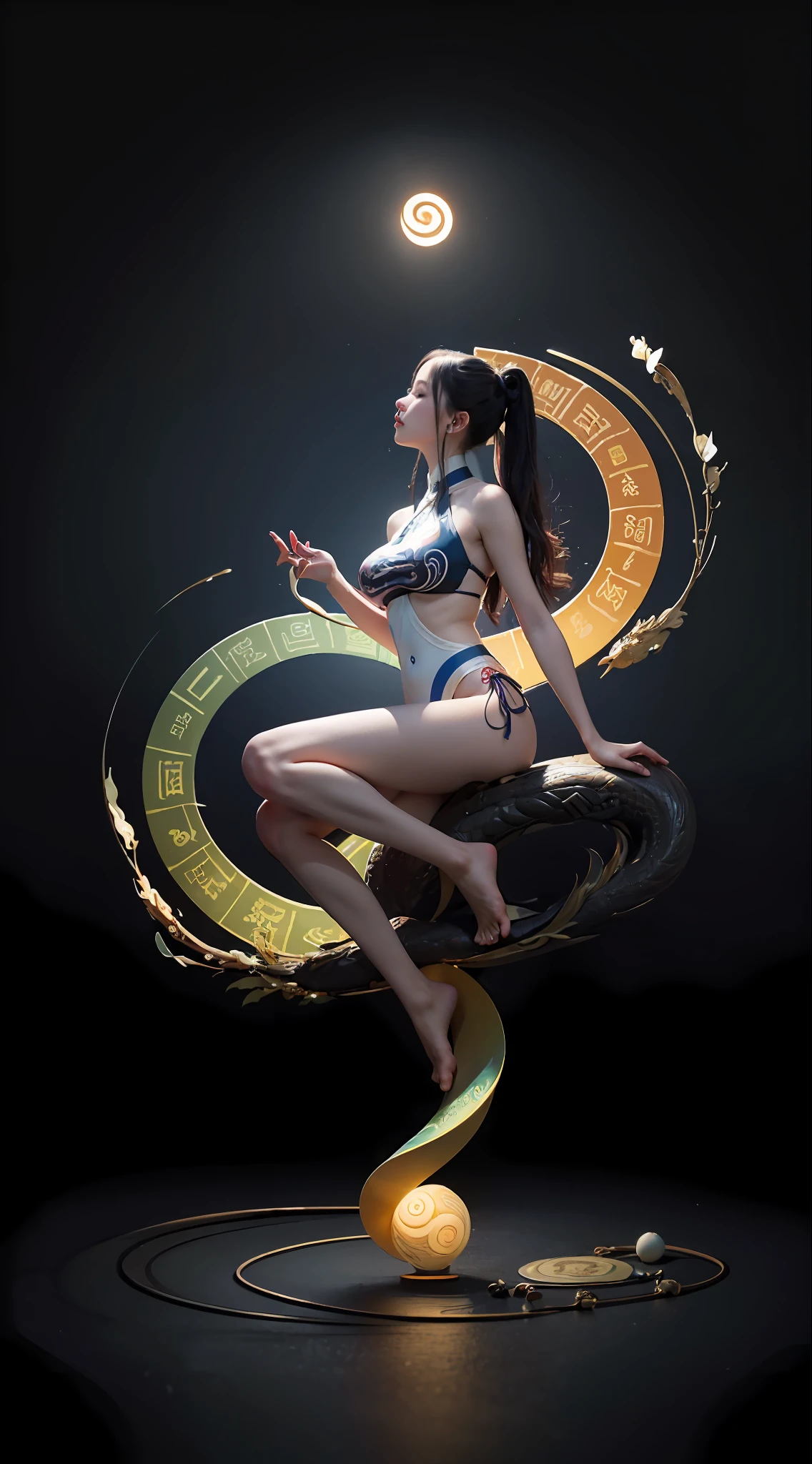 (harmony, balance, yin-yang), Chinese silk painting, Tai Chi principles, fluid motion, interconnected elements, the interplay of contrasting forces, Daoist philosophy, a touch of the I Ching, warm and cool color palette, reflective art, inspired by Laozi, Zhuangzi, Yin Yang diagrams, Taijitu, the Bagua, the fusion of the spiritual and the physical,1girl,solo, grabbing breasts,, daoist, summon magic, cinematic lighting, fire and ice split, bagua background, circular bagua, yi yang, daoist practice, mediation sit, buddha sit, spiral loong, cloud loong at the top,
