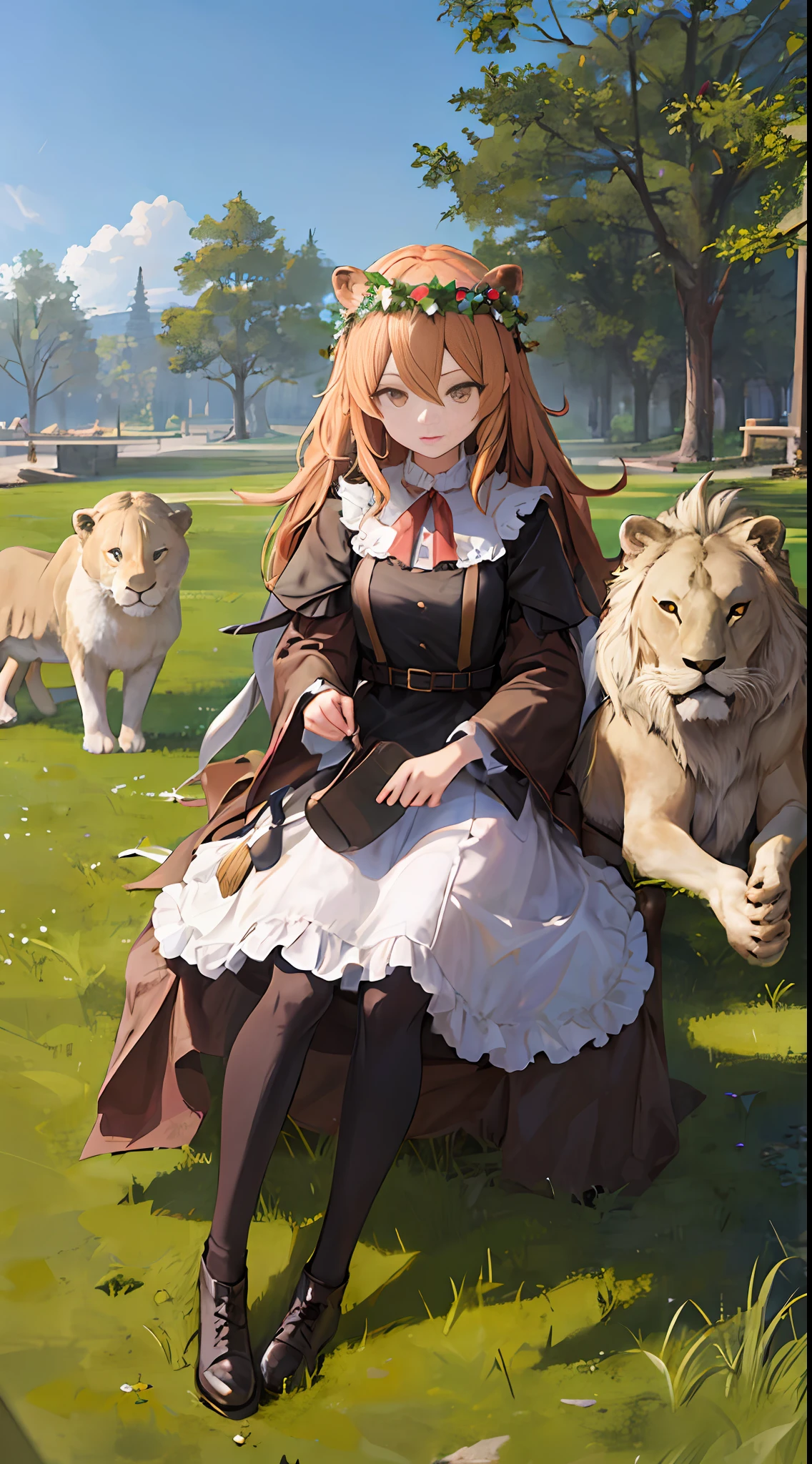 masterpiece,best quality,8k,highestres,absurdres, extremely detailed,sunny,
strength, (woman and lion), dress ,outdoors,high grass,head wreath,