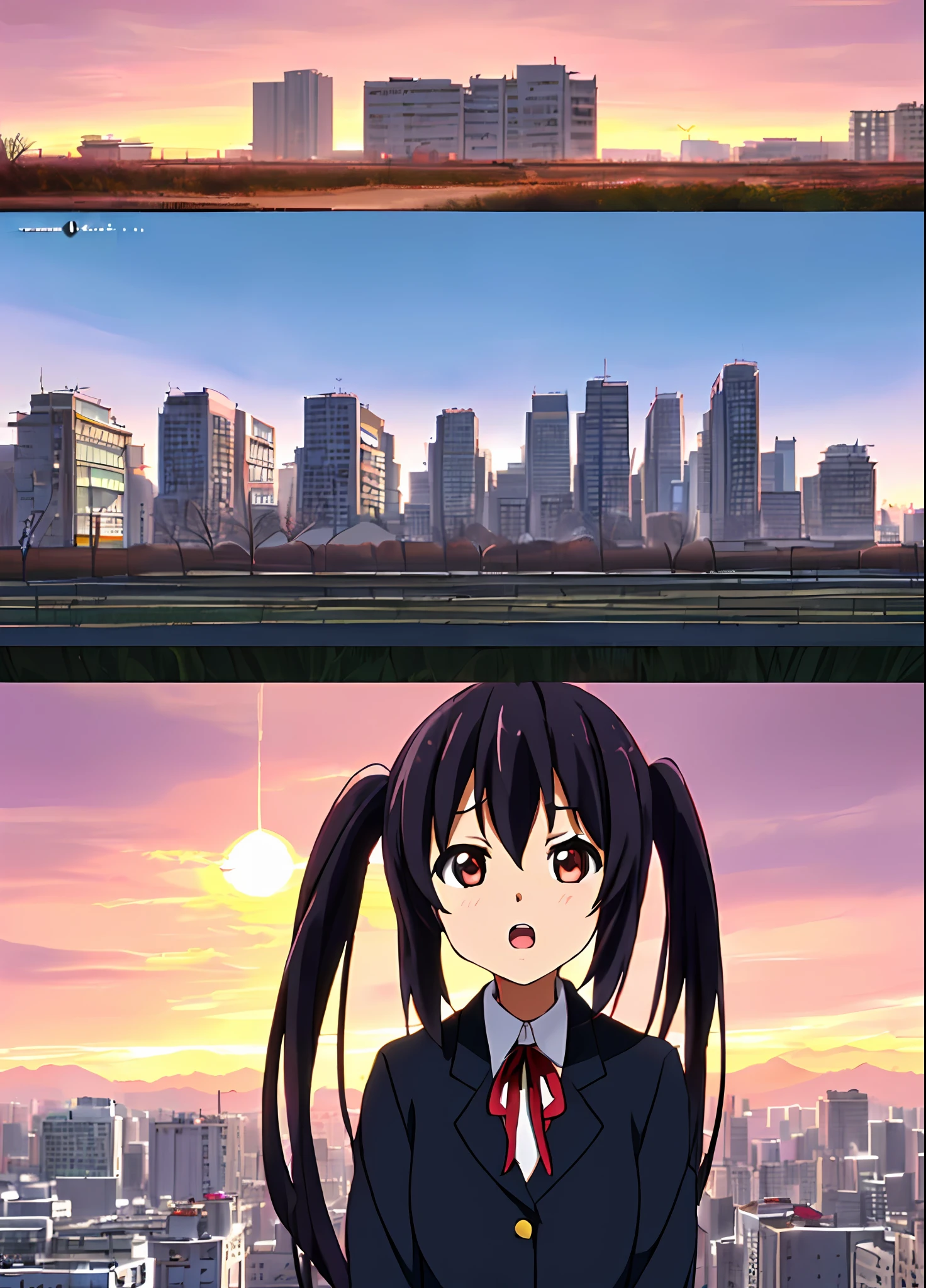 1girl, ((((Masterpiece))), Best Quality, Best Quality, High Detail, Azusa Nakano, 1girl, Sakuragaoka High School Uniform, Musical Instrument, School Uniform, Twin Tails, Long Hair, Black Hair, Brown Eyes, Solo, Red, Dark blue blazer with a thin ribbon of red, Solid white button shirt under blazer, Illustration, Cartoon, Soothing tones, Muted colors, Soft cinematic light, Adobe Lightroom, Photo Lab, HDR, complex and highly detailed, (((depth of field))))). (((Masterpiece))). (((highest quality))).) ((super detail))). (((Illustration))). (((fighting stance))).,((((Gigantic))).dynamic focus. (((skyscrapers))). (((Cityscape))). (((Despair Face))). open mouth. (((Sunset))). (((Sunset))). (((clench fists))). (((Proud))). (((small breasts))).