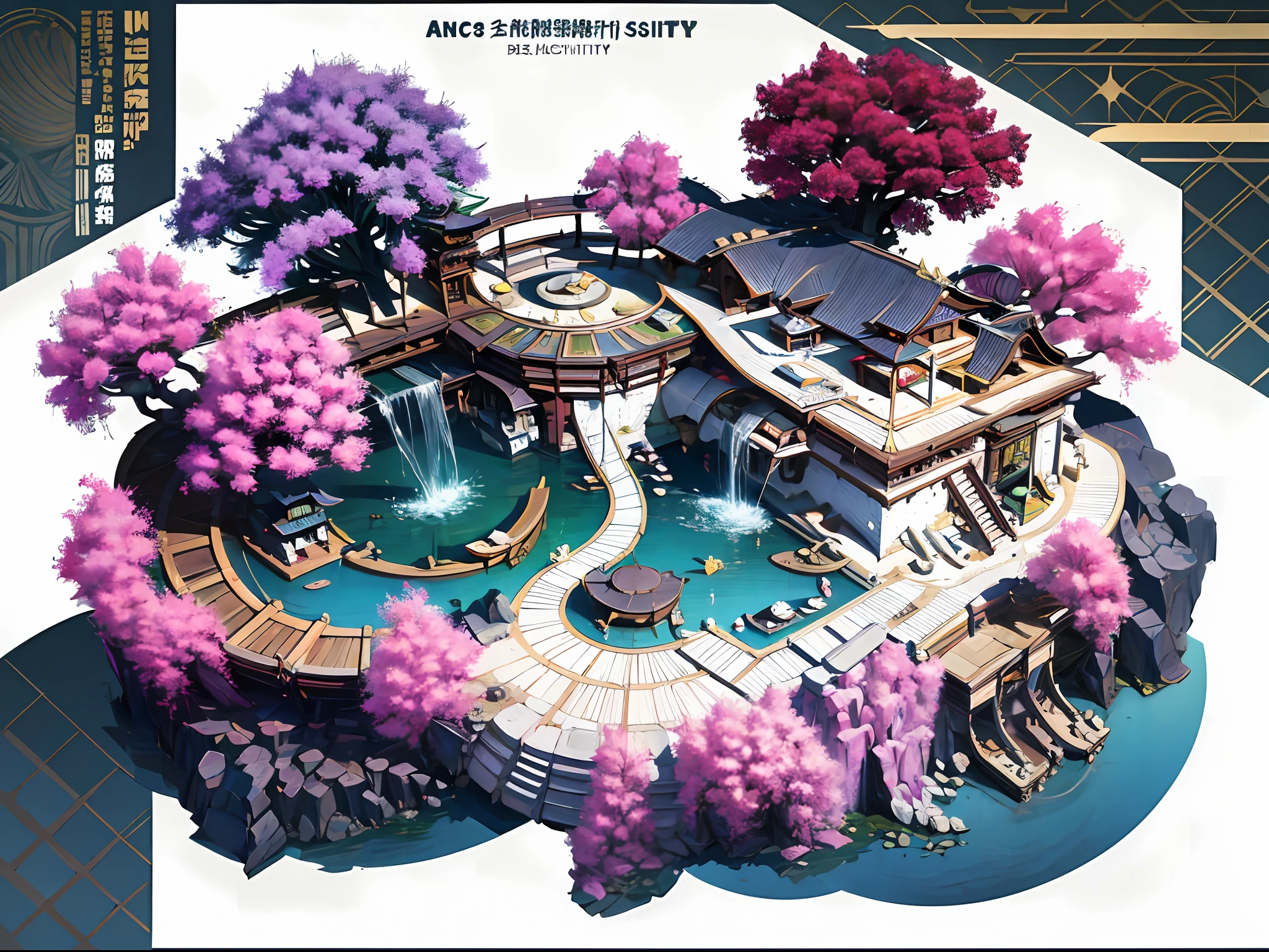 Ancient Chinese architectural design，Game Building、Ancient restaurant、Huge wisteria，White background，the panorama，Wide-Angle，viewed from bird's-eye，master-piece，best qulity，16k