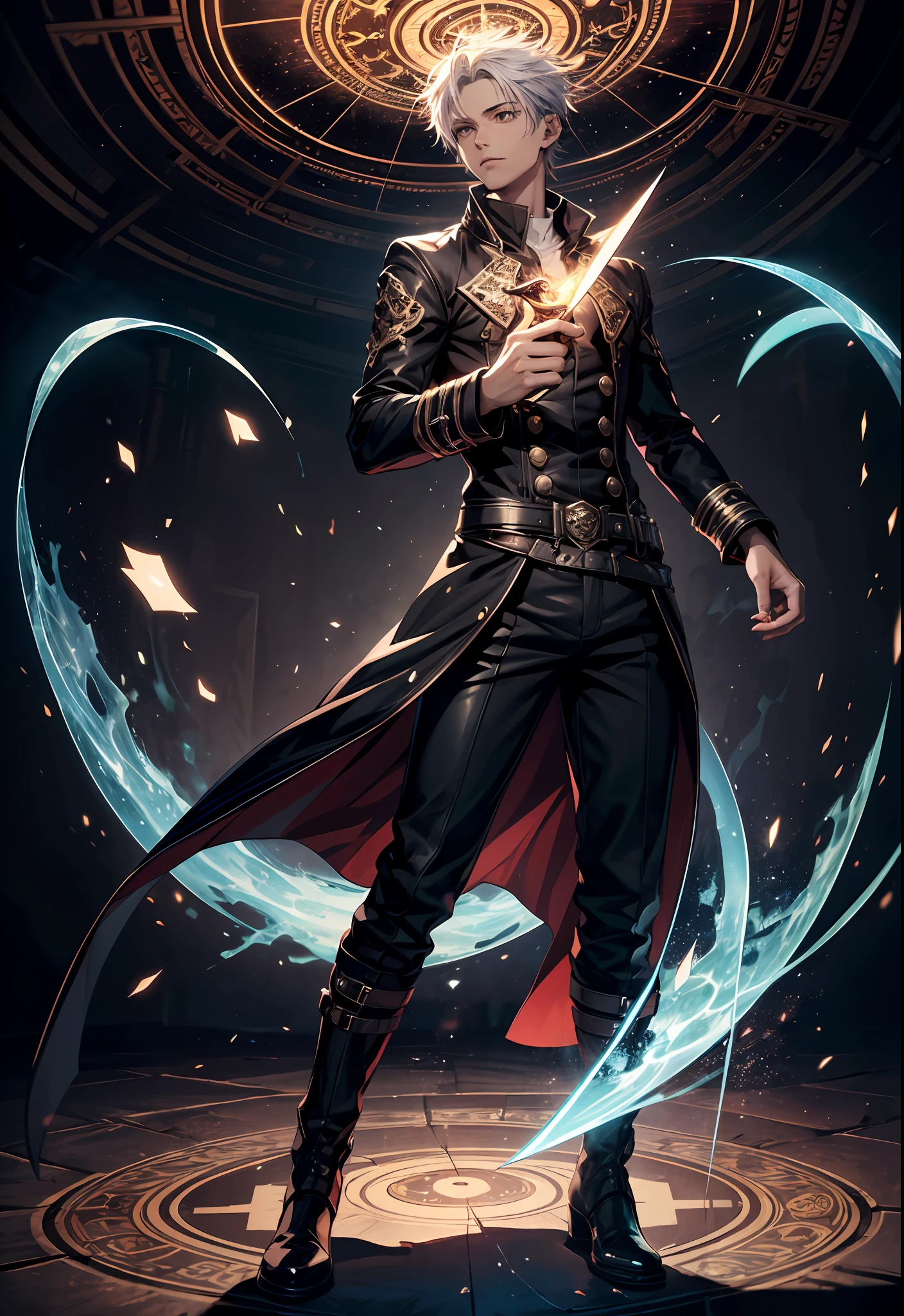 (absurdres, highres, ultra detailed, HDR), masterpiece, best quality, solo, a boy holding (glowing )sword, magic knife, intricate knife, handsome, short hair, white hair, leather outfit, BREAK, dark persona, light persona, fractal, full body, ceiling, artistic background, Bio-luminescence, geometric, Organic, blessing, favor, exalted, fantasy, celestial, sublime, noble, unfolding, unraveling, spiritual, dignified, magic circle, spark, swirl, magic vortex, from below, look down