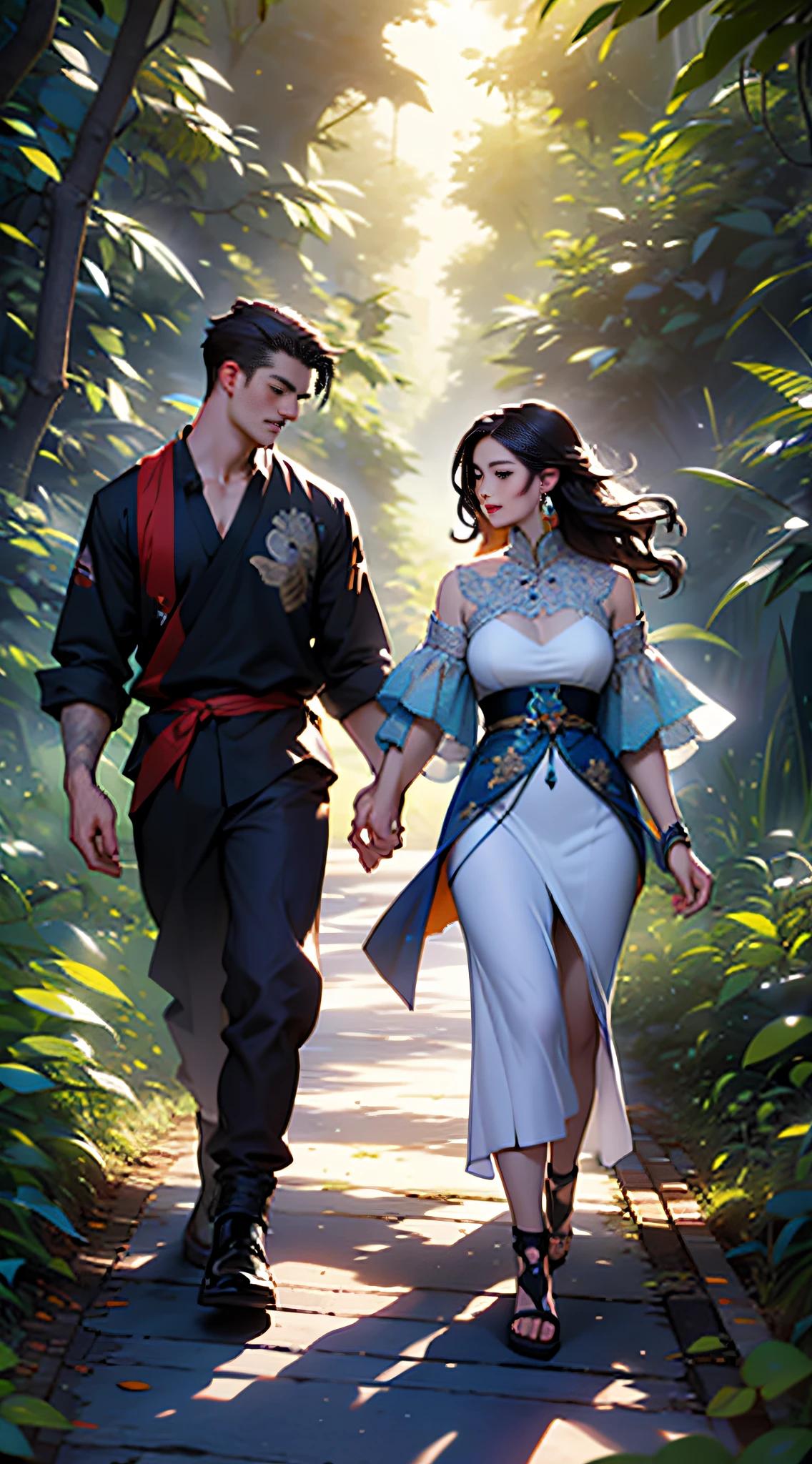 A handsome man and a beautiful woman walked forward hand in hand,Walk through lush forests,The sun shines on us through the leaves。The style is similar to the flourishing of the Star Art Group,32K,High quality,master-piece,super-detail,highly detail