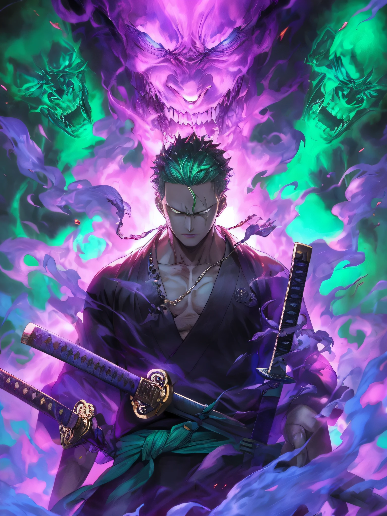 a close up of a person holding two swords in front of a demon, badass anime 8 k, roronoa zoro, handsome guy in demon slayer art, anime wallpaper 4 k, anime wallpaper 4k, 4 k manga wallpaper, anime art wallpaper 4 k, anime art wallpaper 4k, 4k anime wallpaper, anime epic artwork, anime style 4 k