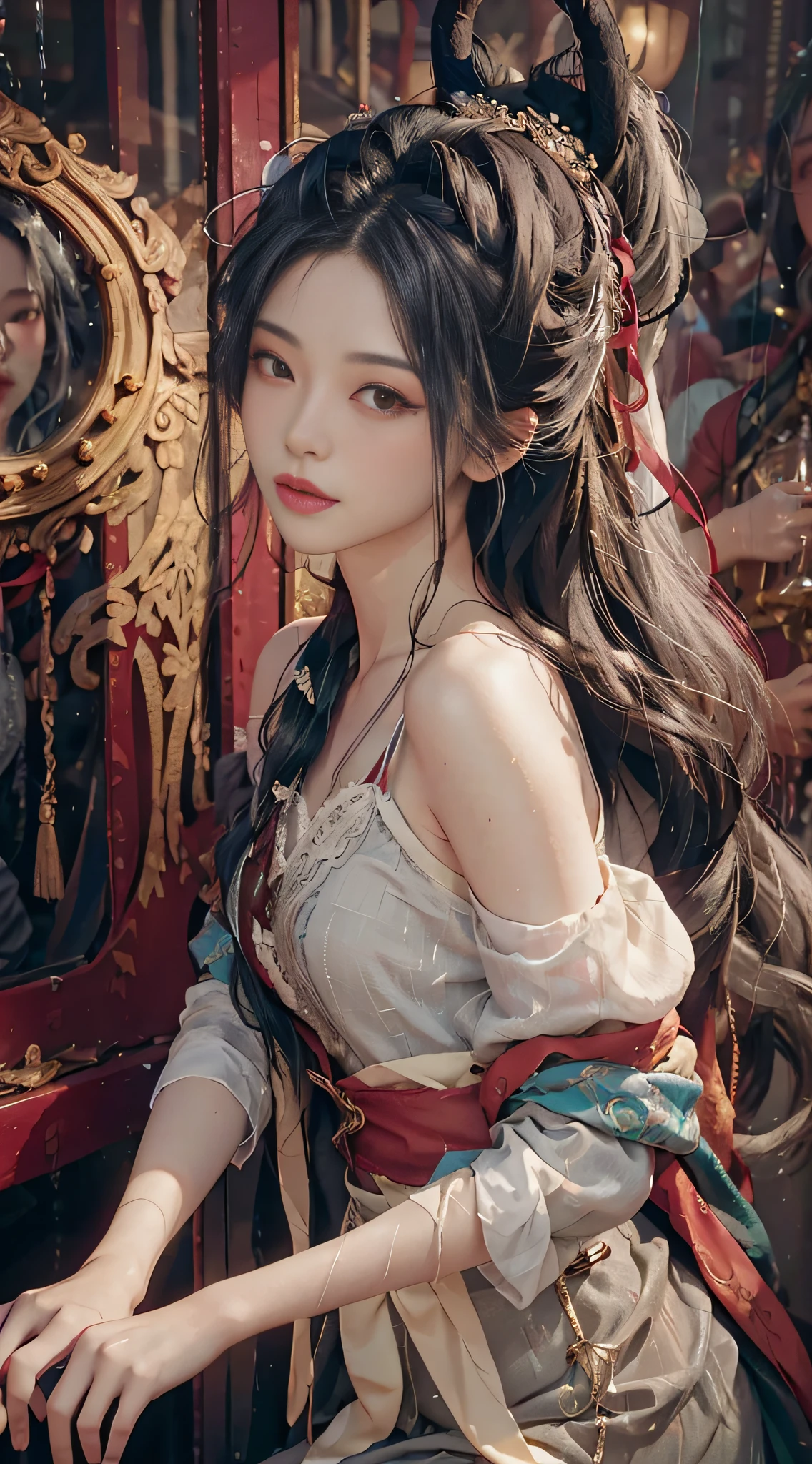 (from the outside) the best quality, masterpieces, realistic photos, intricate details, original photos, inside the plane, outside rain, erotic lingerie, gray hair, extra-long hair, off-the-shoulders, in makeup