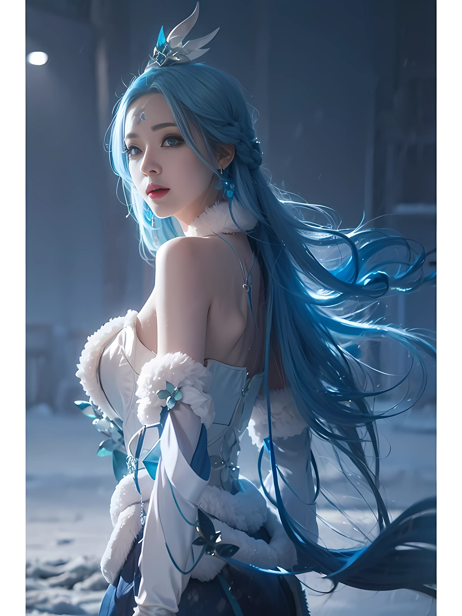arafed woman with blue hair and white dress in the snow, with white long hair, anime girl cosplay, with long white hair, anime cosplay, by Yang J, trending on cgstation, very long wavy azure blue hair, beautiful young wind spirit, trending at cgstation, beautiful ancient frost witch, by Fan Qi, cosplay, flowing blue hair