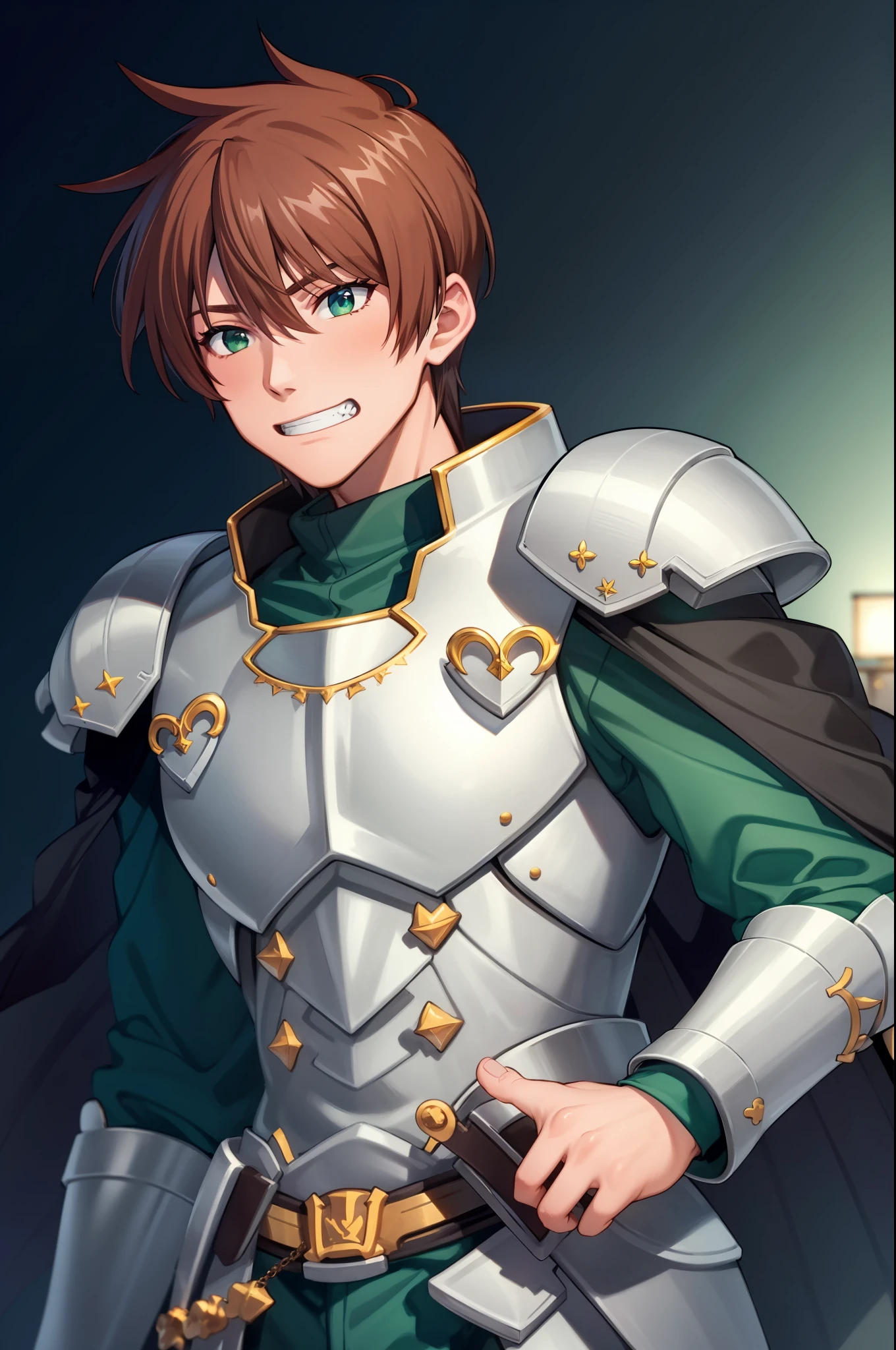 （Ultra-extreme detail），（masterpeace），（hyper extreme），（Lifelike），CG，（colour：1.2），beautifullighting，Light from the front，1boys，Armour，capelet，独奏，rance，hair blowing，shorter hair，Green armar，pov from below