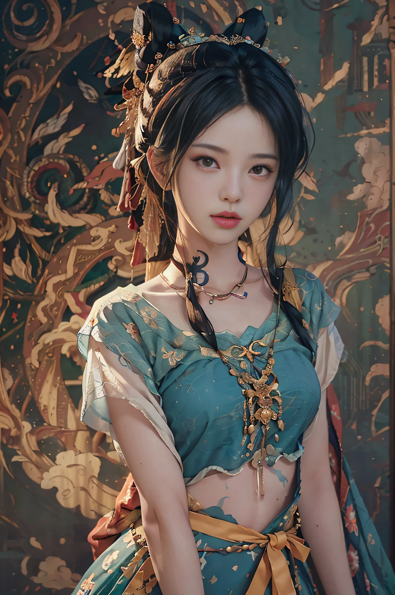 (RAW photo, best quality), (realistic, photo-realistic:1.3),best quality,highly detailed,masterpiece,ultra-detailed,illustration,1girl,upper_body,dynamic angle,world masterpiece theater,messy_long_hair,best quality,extremely detailed CG unity 8k wallpaper,ink,Amazing,cinematic lighting,lens_flare, dunhuang_style