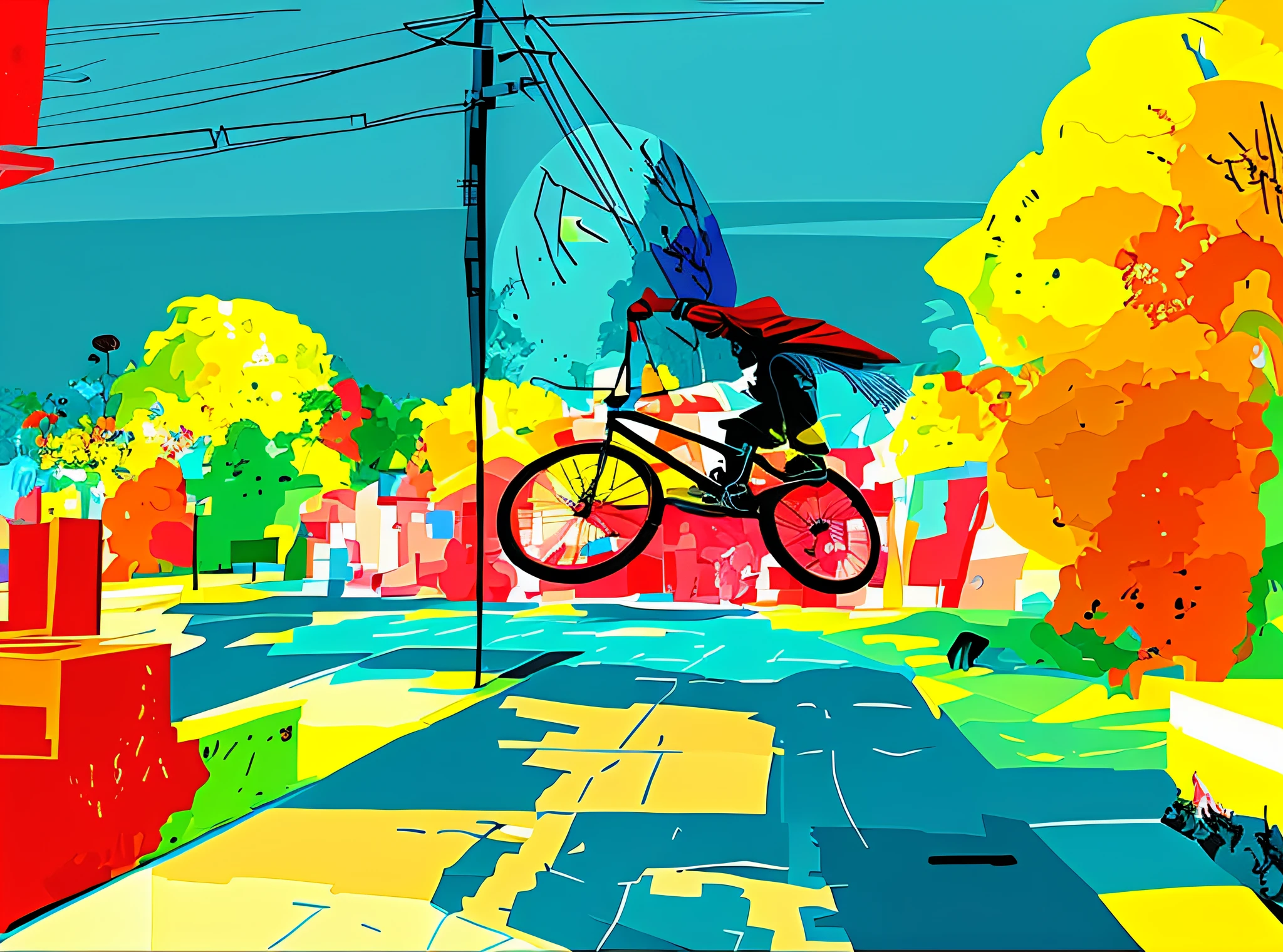 there is a man riding a bike on a street with a tree, Pop Art style