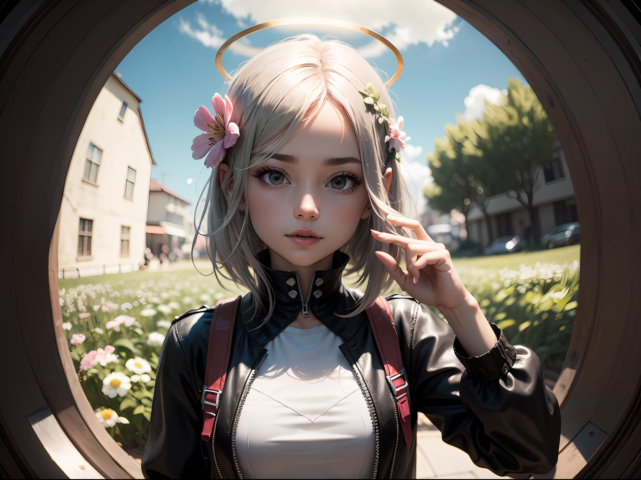 Striped hair, Halo, hair tie, hair flower, clover hair ornament, first person view, move chart, 360 view --auto
