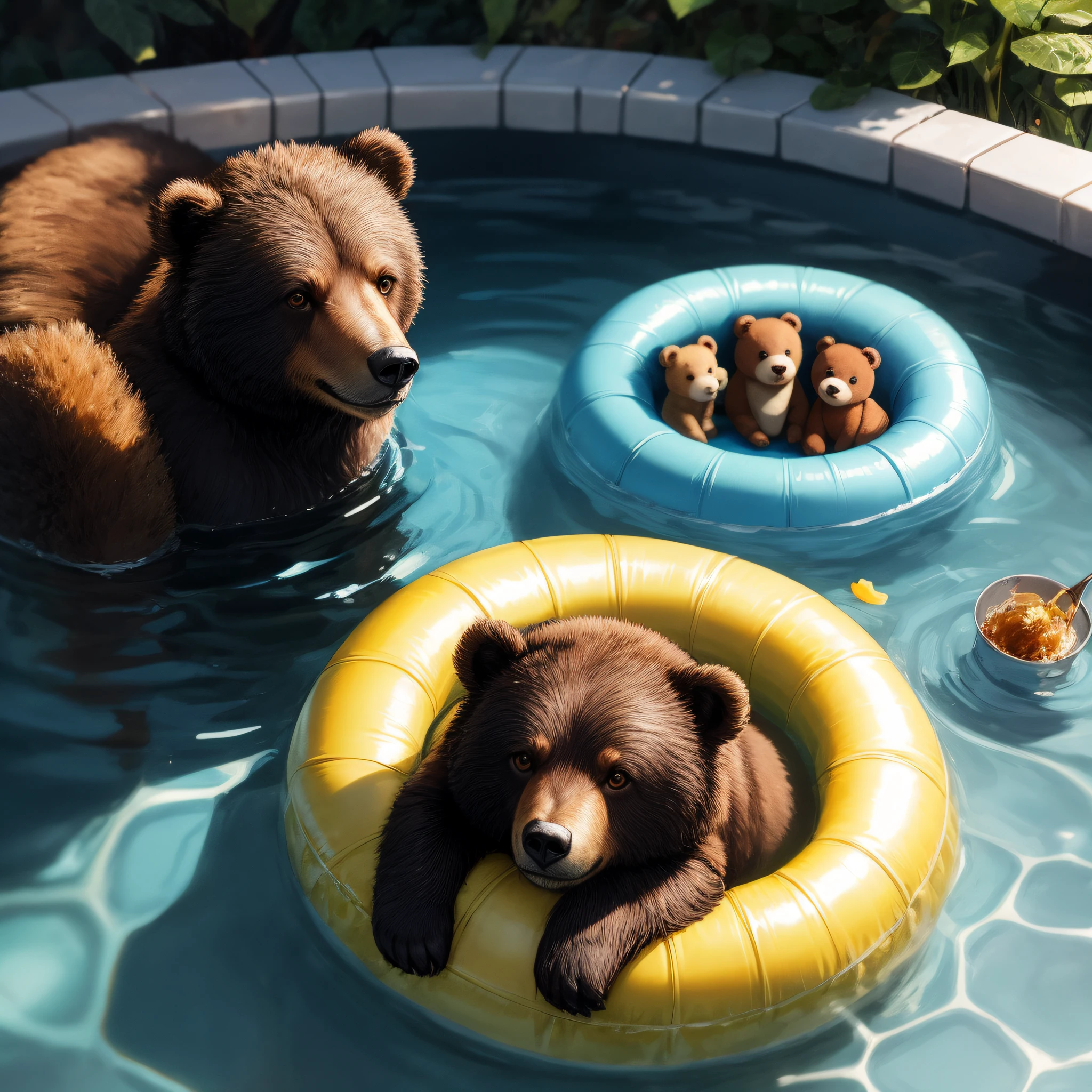 Fluffy cute ball that is a bear, brown fluff, brown eyes, cute little bear ears, in a pool of honey, masterpiece, best quality, ((In Sticker style))