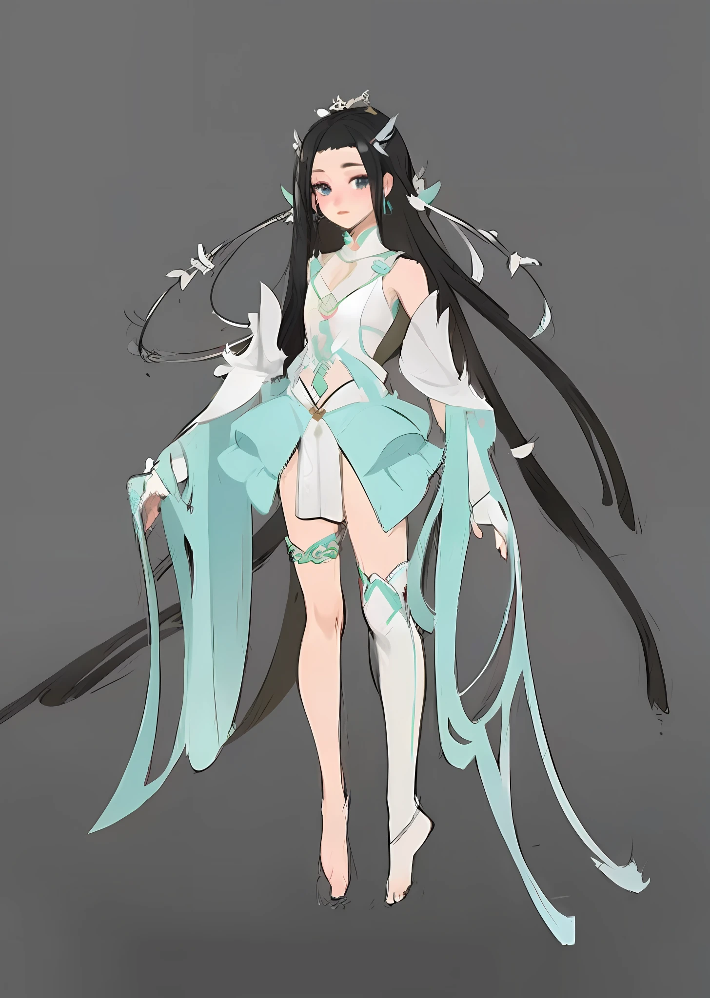 anime - style illustration of a woman in a white dress with a sword, full body xianxia, beautiful full-body concept art, full body adoptable, anime goddess, character adoptable, new costume concept design, ( ( characterconcept art ) ), inspired by Ai Xuan, Anime character design, magical fantasy 2 d concept art, a stunning young ethereal figure,white stocking,Barefoot,Lori,Detailed facial features