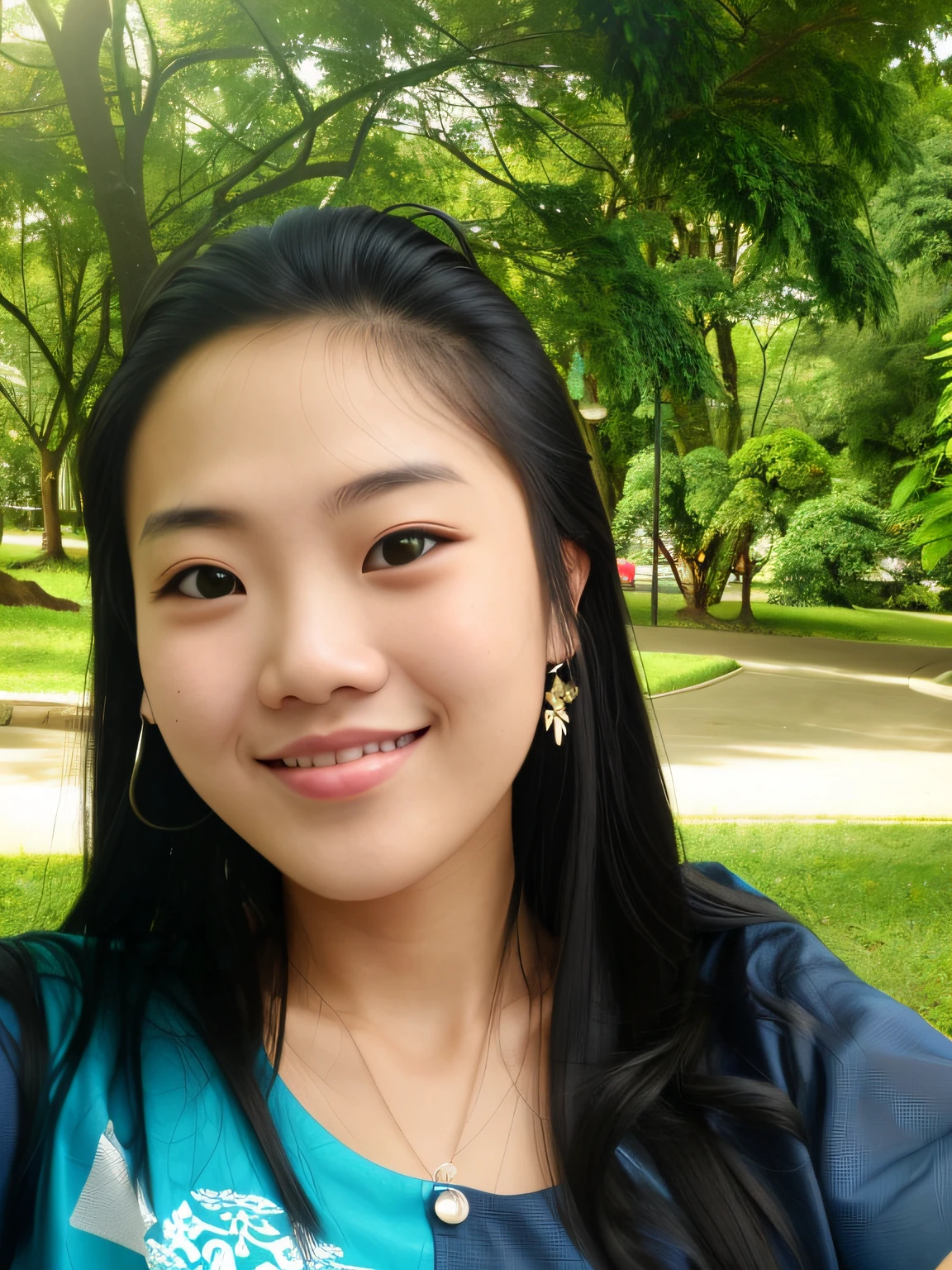 smiling woman with long black hair and blue shirt in park, nivanh chanthara, south east asian with round face, a young asian woman, anime thai girl, 8k selfie photograph, young cute wan asian face, selfie of a young woman, headshot profile picture, an asian woman, young asian woman, beautiful image, photo taken with canon 5d
