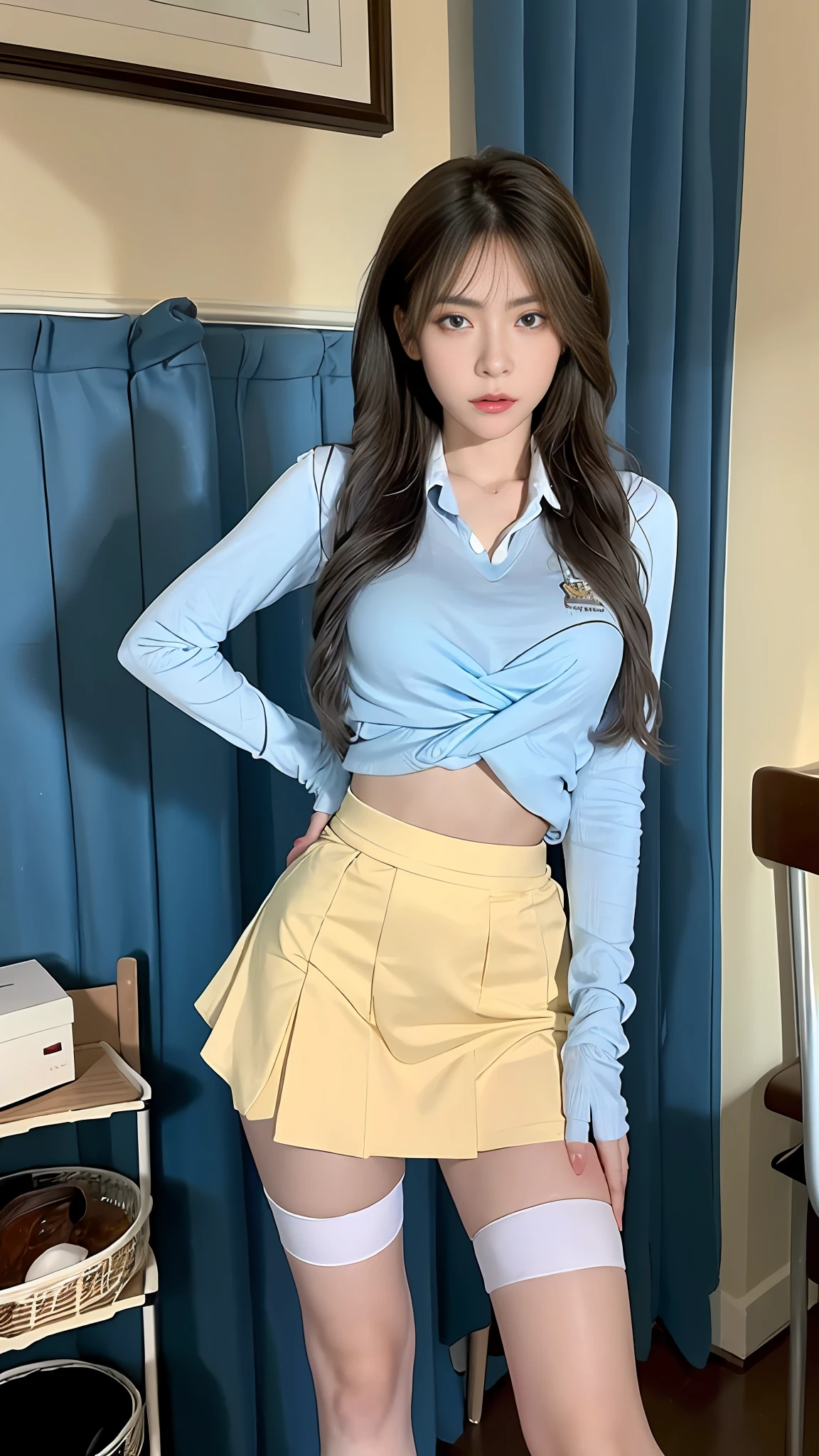 (Best Quality, 4K, Masterpiece: 1.3), Pretty Woman, 1girl, Sexy: 1.1, Dark Yellow Hair: 1.1, Woman in School Uniform, Soaked School Uniform, Ultra Detailed Face, Detailed Lips, Delicate Eyes, Double Eyelids, Blue Miniskirt White Stockings, Standing on Podium