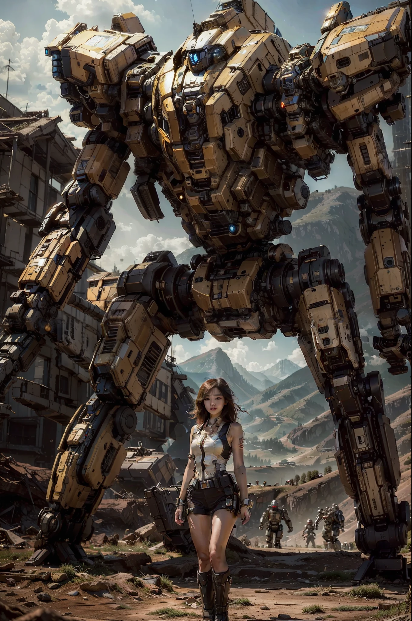 ((masterpiece, best quality)),illustration,ultra detailed 8k,photorealistic,sharp focus,highly detailed,professional lighting,colorful details,iridescent colors BREAK extreme long shot of a battle field,large mechanical robot construction,microchip,computer,glowing,intricate details,,1girl is standing in front of the audience,