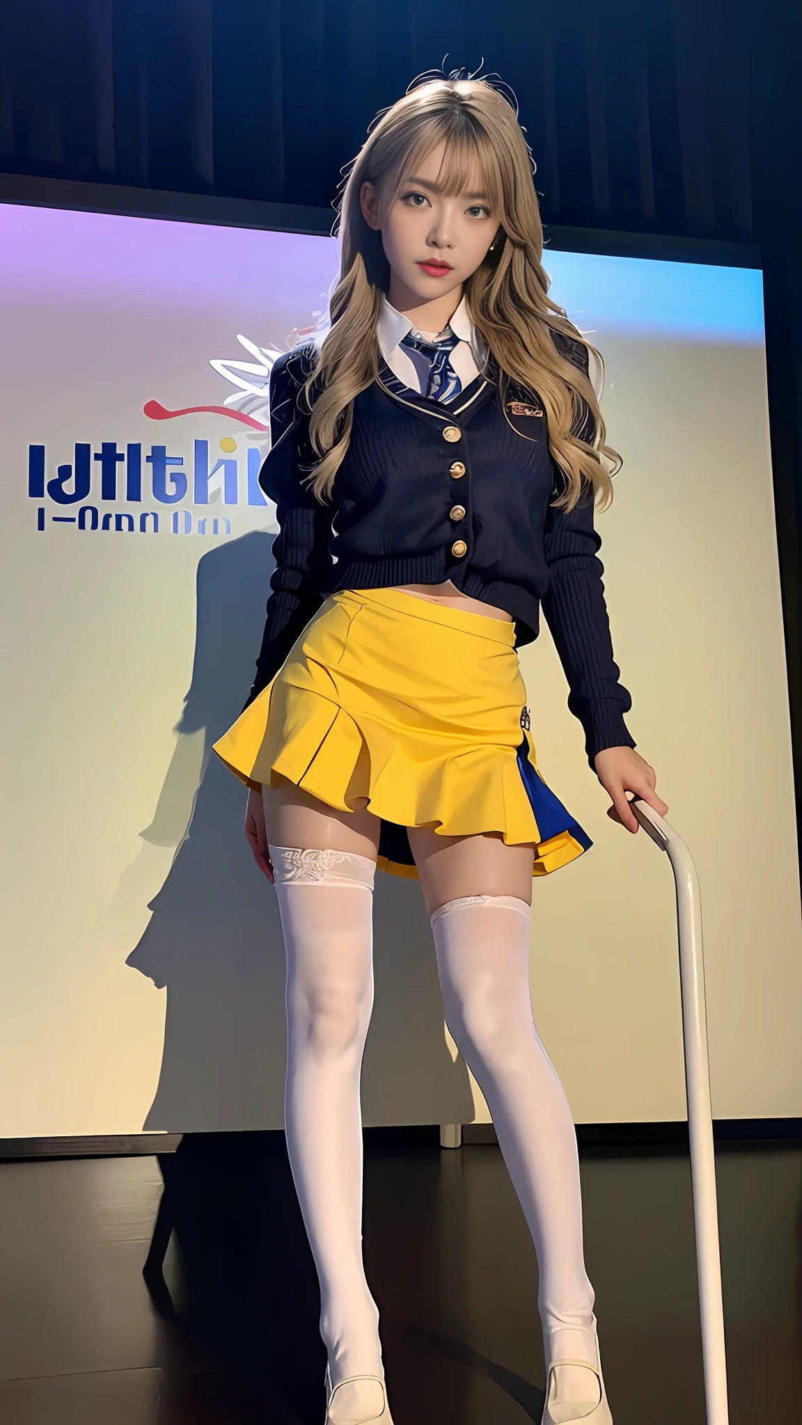 (Best Quality, 4K, Masterpiece: 1.3), Pretty Woman, 1girl, Sexy: 1.1, Dark Yellow Hair: 1.1, Woman in School Uniform, Soaked School Uniform, Ultra Detailed Face, Detailed Lips, Delicate Eyes, Double Eyelids, Blue Miniskirt White Stockings, Standing on Podium