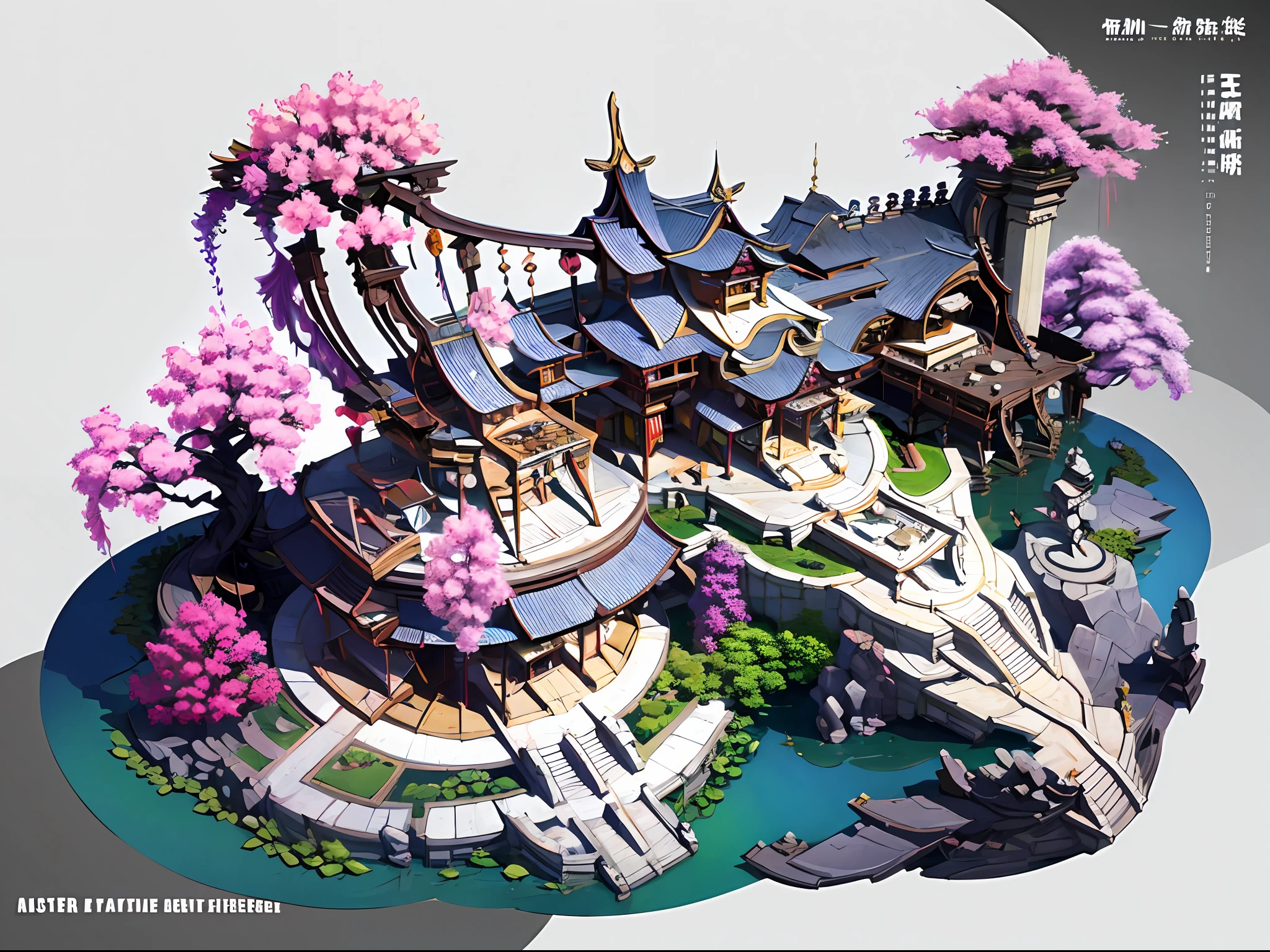 Ancient Chinese architectural design，Game Building、Ancient restaurant、Huge wisteria，White background，the panorama，Wide-Angle，viewed from bird's-eye，gentle light，master-piece，best qulity，16k