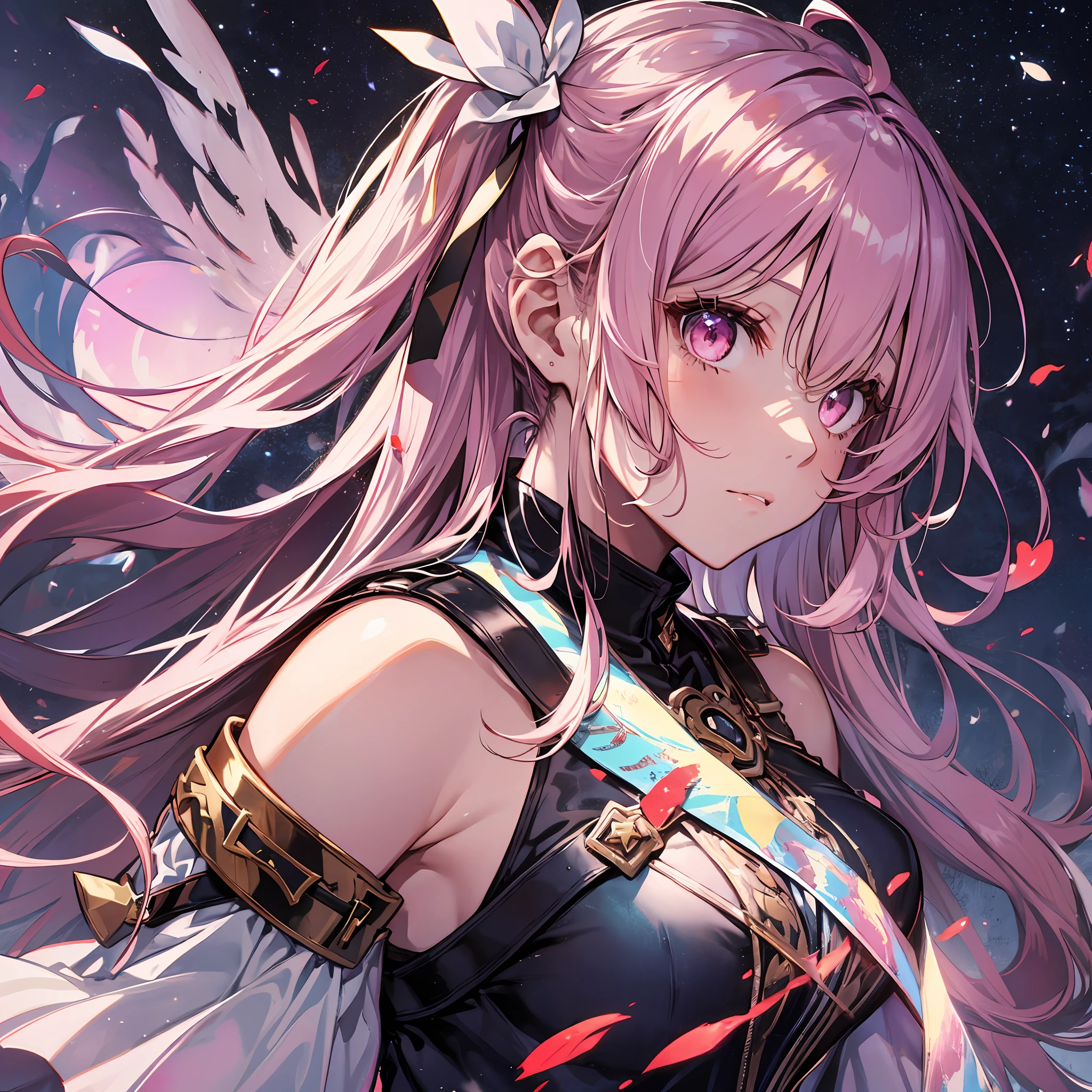 A masterpiece of literary text、best qualiy、Asuna\(stars\)、1girls、armature、bare shoulder、blushed、breastplate、Pink eyes、Pink Hair、The dress、Blood Knight Uniform\(stars\)、Lambent Light、slong hair、Watch your audience、Golden Ribbon、ribbons、scabbard、Very long hair white armor、White dress　ponytails　Hairy hair