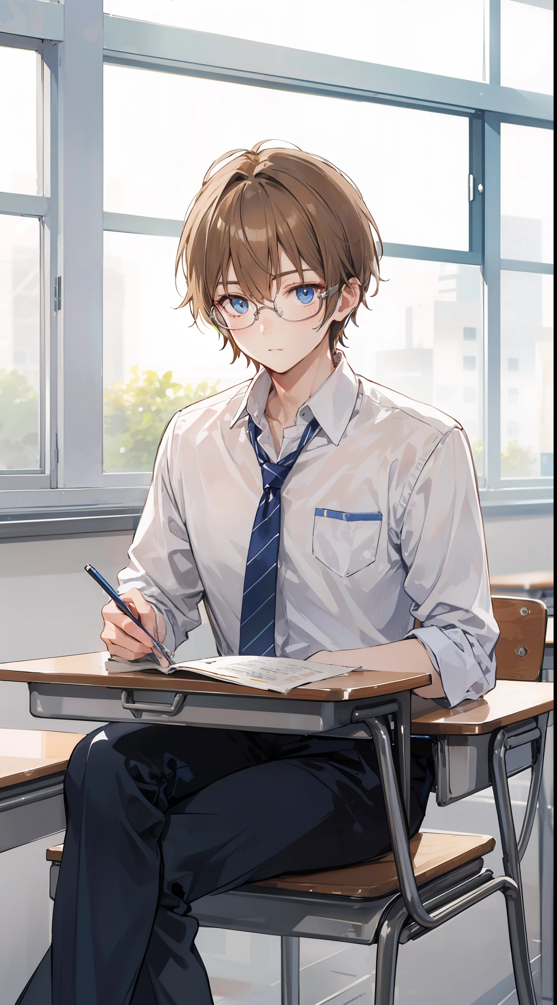 1Man, was sitting in class alone, wearing a high school uniform and glasses on his face, his hair and eyes were light brown