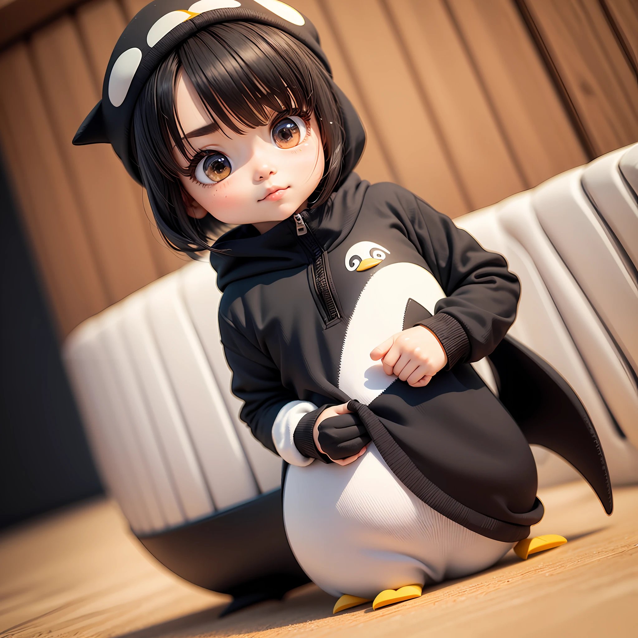 Chibi 3D Wearing a penguin costume　cute and beautiful chibi,chibi 3D --auto