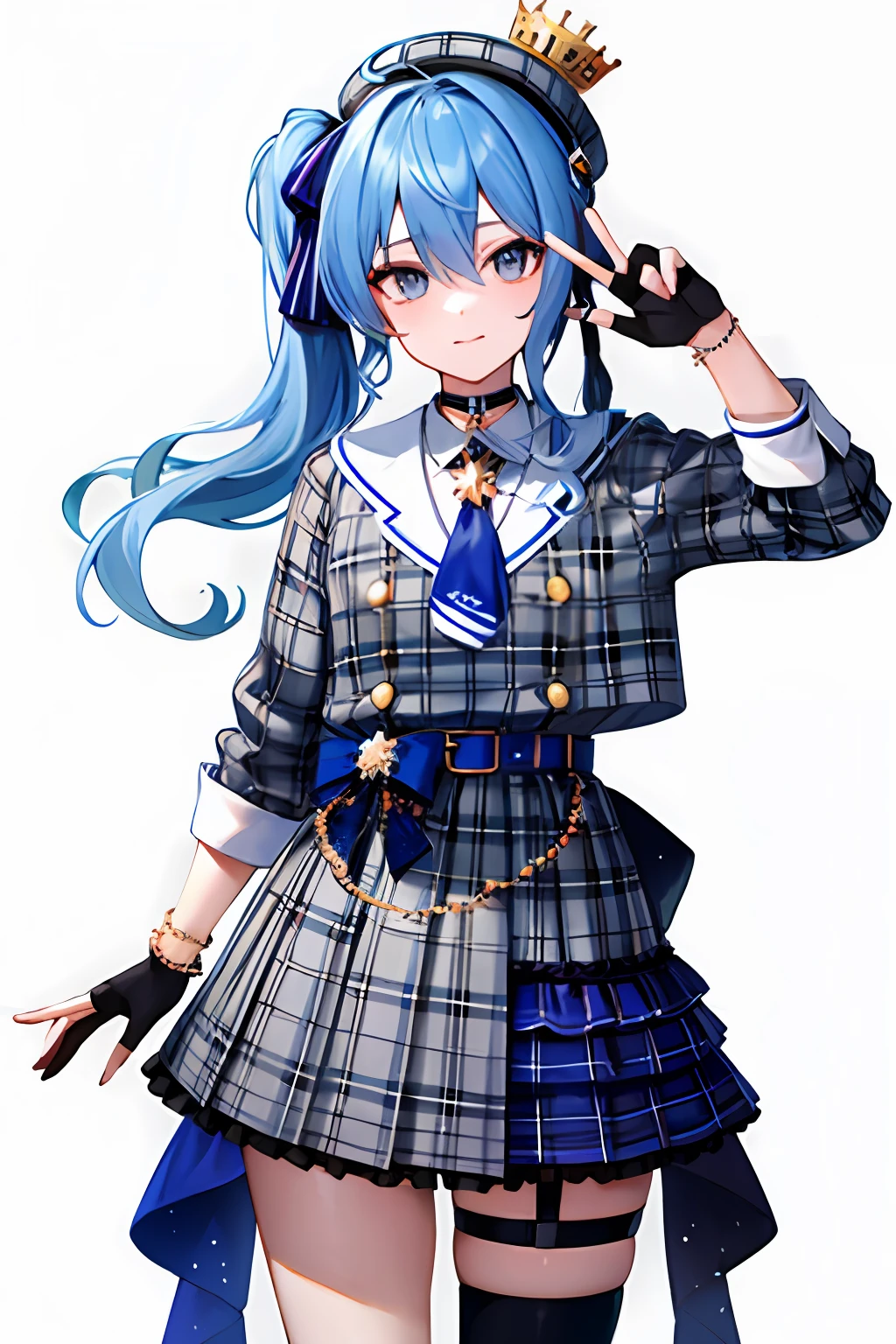 masterpiece, best quality, highres, sui1, 1girl, solo, side ponytail, hoshimachi suisei, fingerless gloves, single thighhigh, jewelry, single sock, thigh strap, bracelet, blue socks, buttons, single kneehigh, plaid dress, blue choker, blue belt, plaid skirt, mini crown, grey skirt, blue ascot, long sleeves, plaid jacket, cowboy shot, white background,