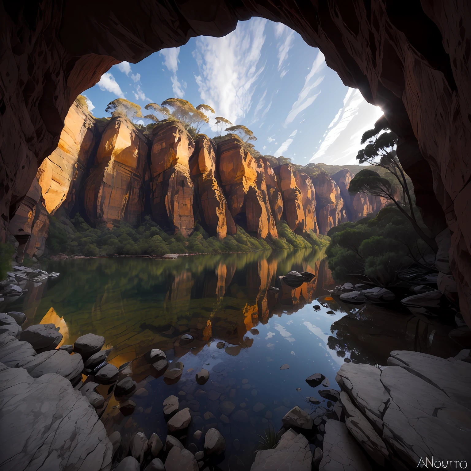 Slot canyon Australian Blue Mountains, highres, wilderness, BREAK , Create an image with light refracting, with a kaleidoscopic appearance, highly detailed vegetation, towering sandstone bluffs, ancient ferns, gum trees, water, BREAK , design an image with fisheye lens effect, capturing a wide field of view with distinctive circular perspective, BREAK , oil painting --auto