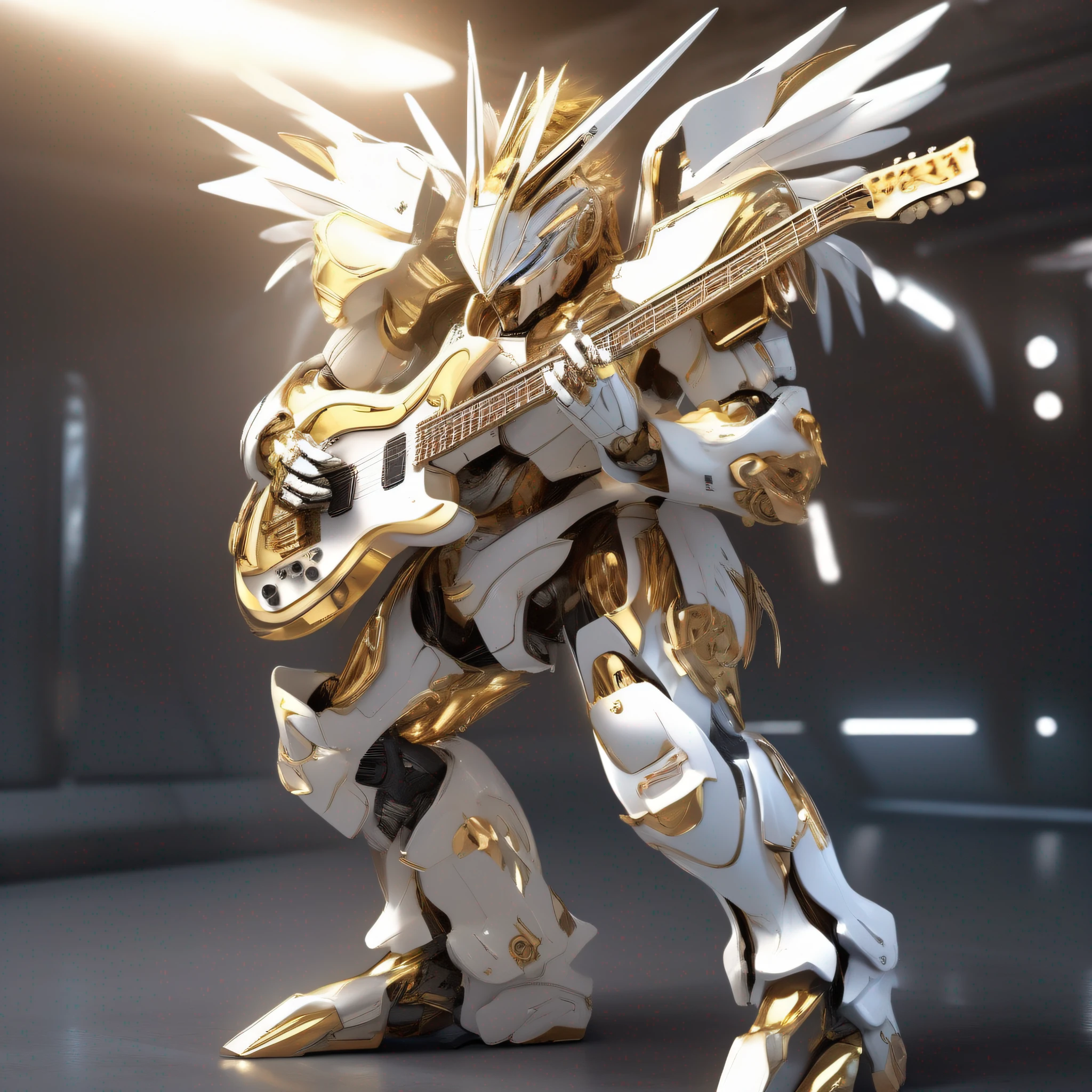 Full body picture，Mechanical feel，{Ultrareal，master-piece， universe，Mobile Suit，strong，White-gold armor，Play guitar，Dynamic lighting effects，Golden light，feather hair，C4D，Photographic works}，